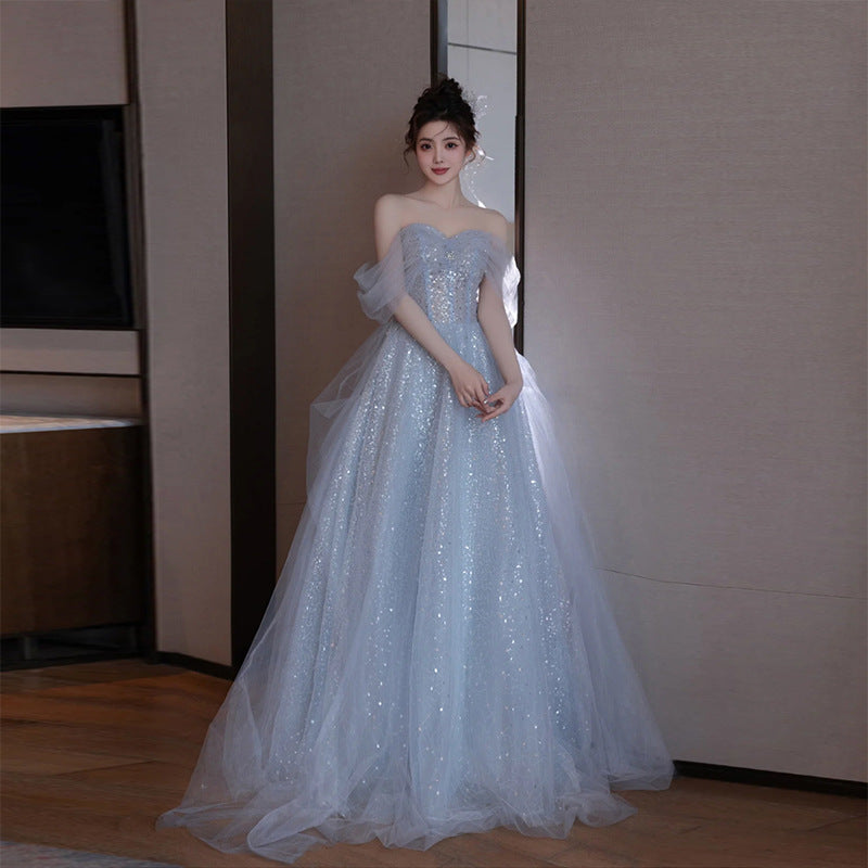 Sparkly Blue Princess Dress Off Shoulder Long Prom Gown for Women - Elegant Formal Evening Party Dress 174 - Perfect for Prom, Homecoming, Ball & Special Occasions