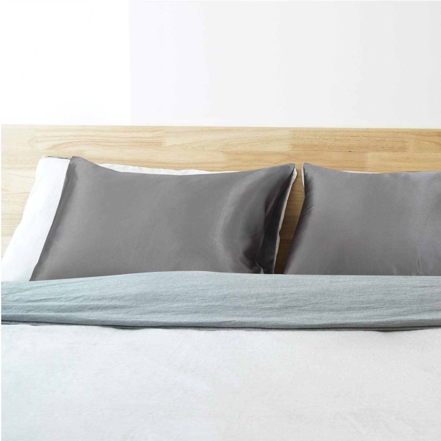 Luxury Satin Pillowcase for Hair and Skin Care - 2 Pack Super Soft Cooling Pillow Covers (26x26 Inches) with Envelope Closure - Dark Grey for Bedroom & Travel
