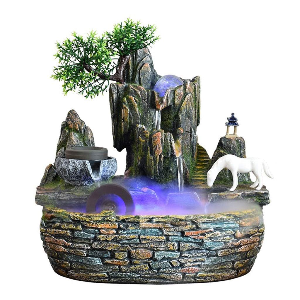 Color Changing LED Indoor Water Fountain with Stone Mill & White Horse - Mini Desktop Waterfall for Home Decor, Office, Meditation & Relaxation | Perfect Gift Idea