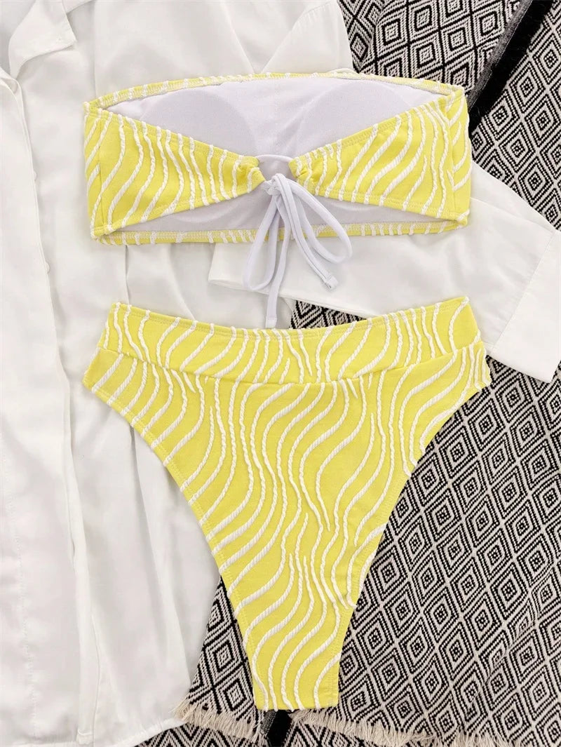 **2024 Wave Print Sexy Strapless Bandeau Bikini Set - 8 Colors, Push Up High Waist Swimsuit for Women | Beach Vacation, Pool Party, Summer Getaway**