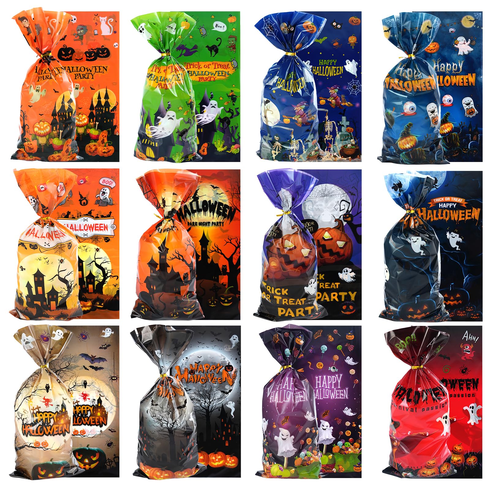 Halloween Cellophane Treat Bags 150 Pcs - 12 Styles Trick or Treat Candy Bags with Twist Ties for Halloween Party Favors, Goodie Bags & Gift Bags - Perfect for Halloween Parties, Classroom Treats & Neighborhood Trick-or-Treating