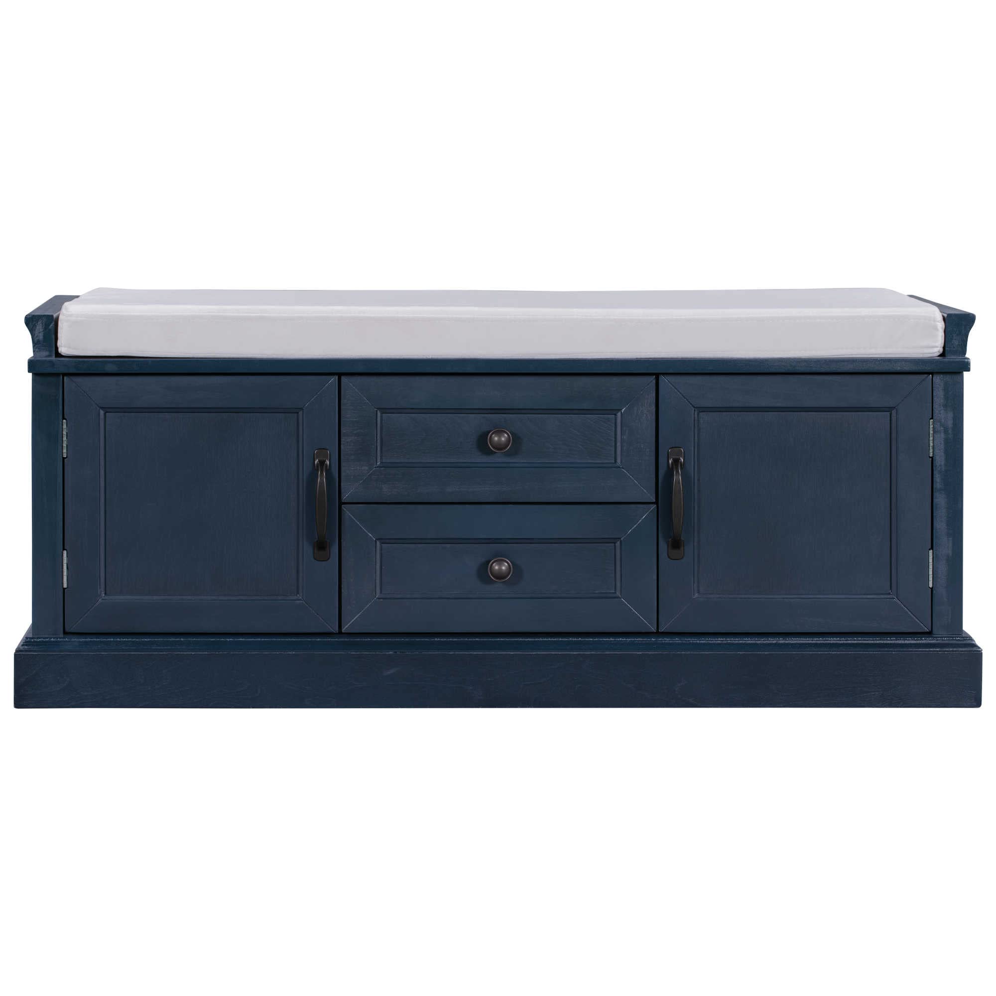 Rustic Wooden Storage Bench with 2 Cabinets & 2 Drawers - Entryway Shoe Bench with Removable Cushion - Antique Navy Organizer for Bedroom, Hallway, Living Room - Perfect for Small Space Storage & Entryway Seating