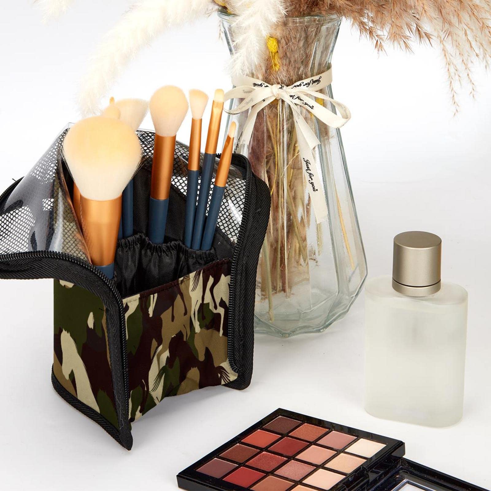 12-Piece Makeup Brush Organizer Bag with Horse Silhouette Camouflage - Portable Makeup Brush Holder Case for Travel & Home Storage