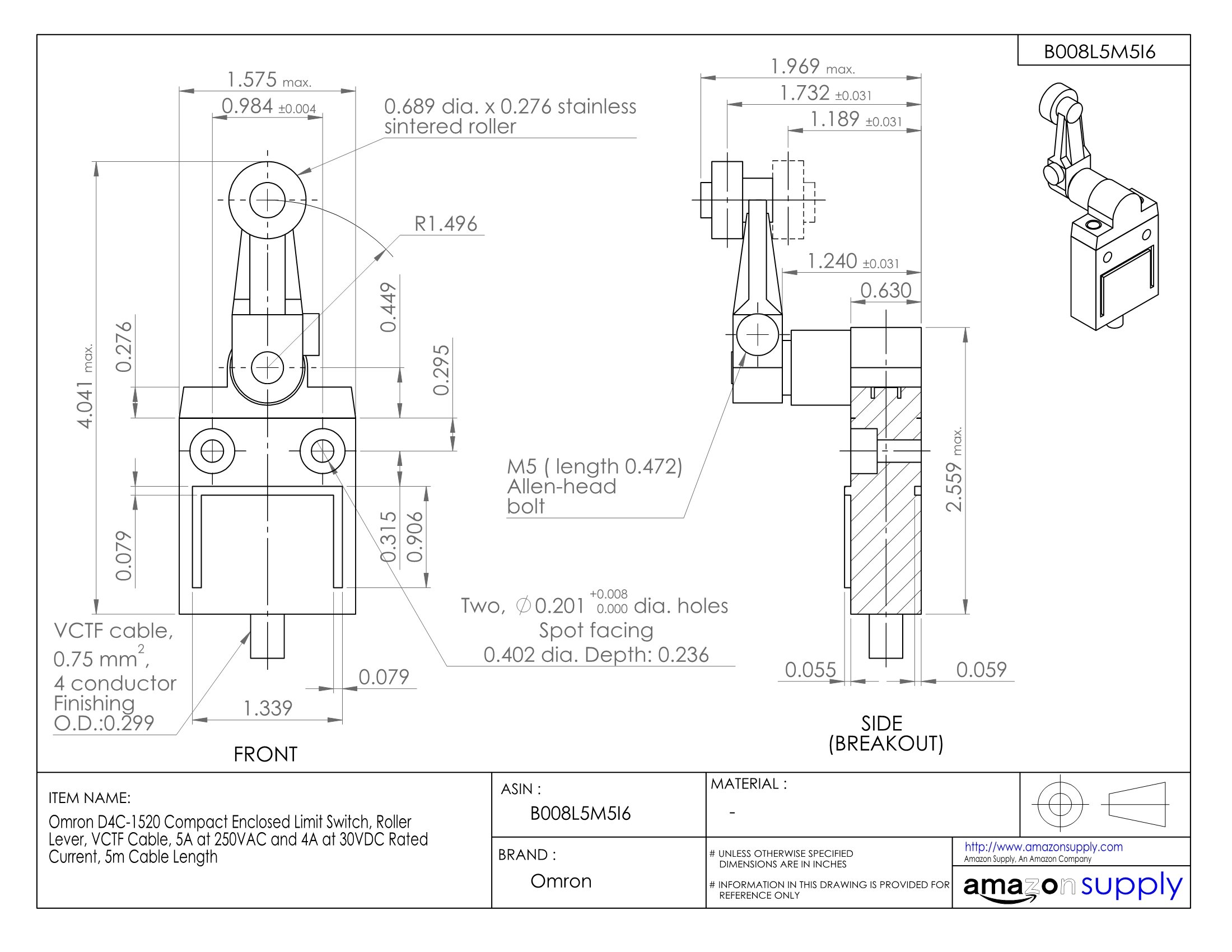 Omron D4C-1520 Compact Enclosed Limit Switch with Roller Lever & 5m VCTF Cable - 5A 250VAC / 4A 30VDC - Ideal for Industrial Automation, CNC Machines, and Safety Systems