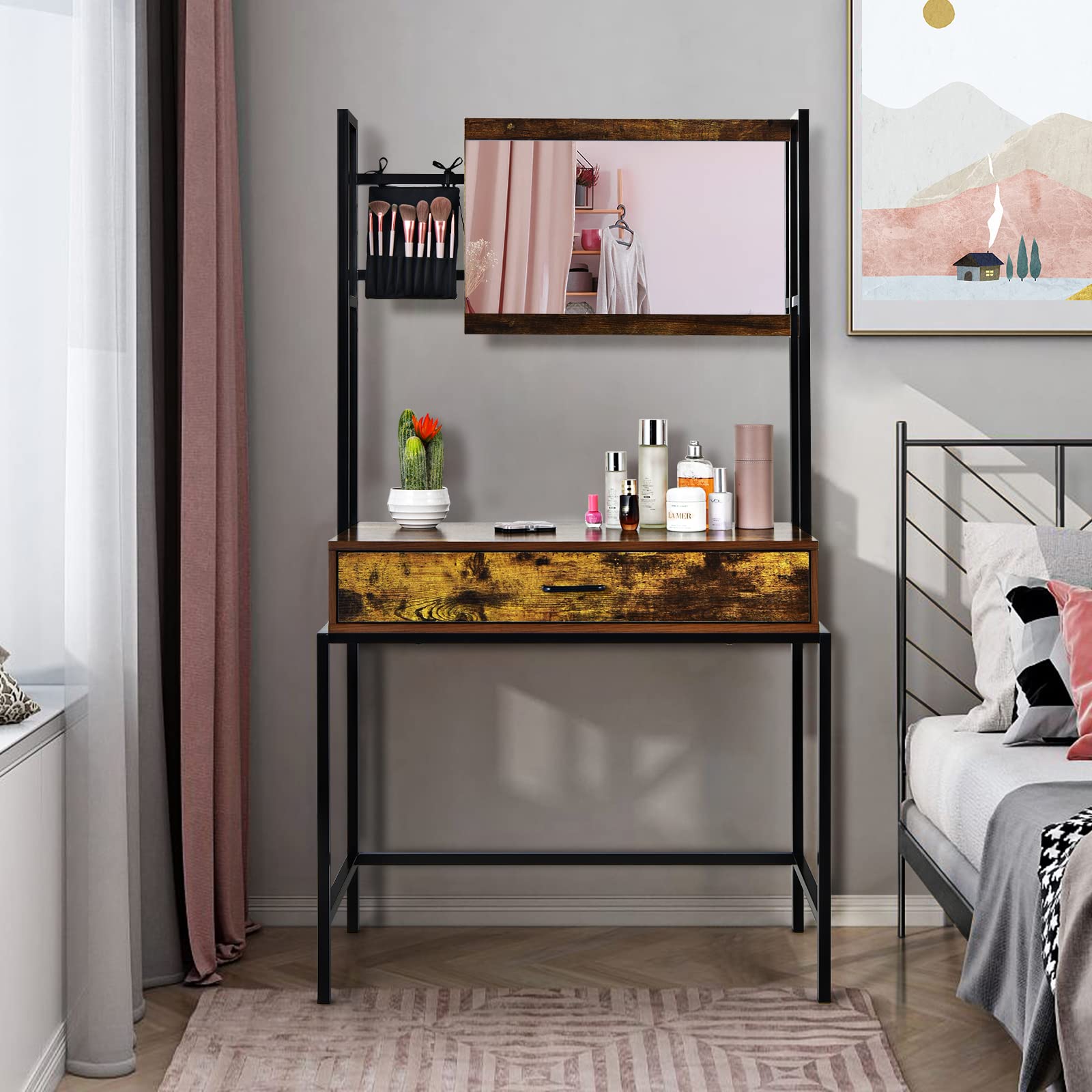 GOFLAME Adjustable Vanity Table with 3-Position Mirror, Makeup Dressing Desk with Cosmetic Brush Holder & Large Drawer - Perfect for Bedroom, Dressing Room & Entryway Organization