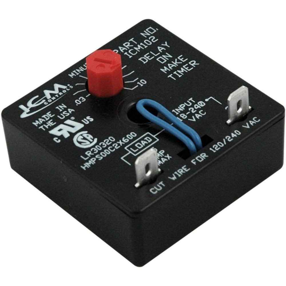 ICM Controls ICM102 Delay-On-Make Timer - Adjustable 3-10 Minute Delay, 18-240V AC, Compact 1.25