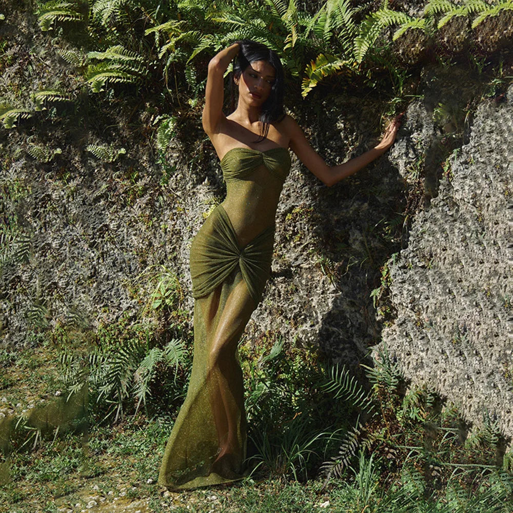 Sexy Strapless Bodycon Long Sequins Dress for Women - Army Green & Nude Color - Perfect for Nightclub, Party, Birthday & Special Occasions - Elegant Fashion Dress (Vestido) for Celebrations