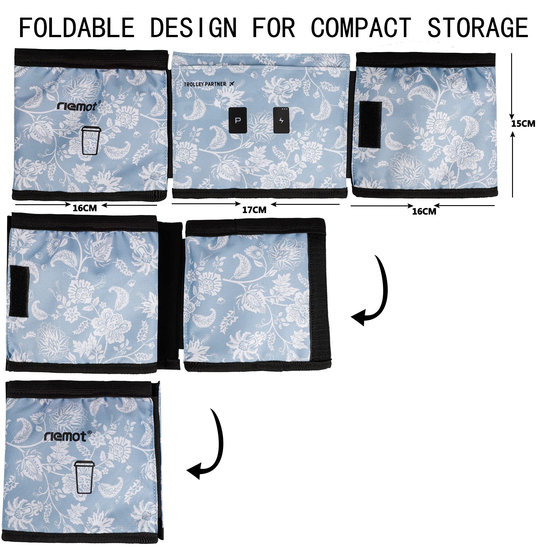 Riemot Travel Cup Holder for Suitcase - 2 Coffee Mug Carrier with Free Hands Design - Fits Roll-On Luggage Handles - Perfect Gift for Flight Attendants & Travelers - Blue Floral Pattern - Ideal for Airports, Commuting & Road Trips