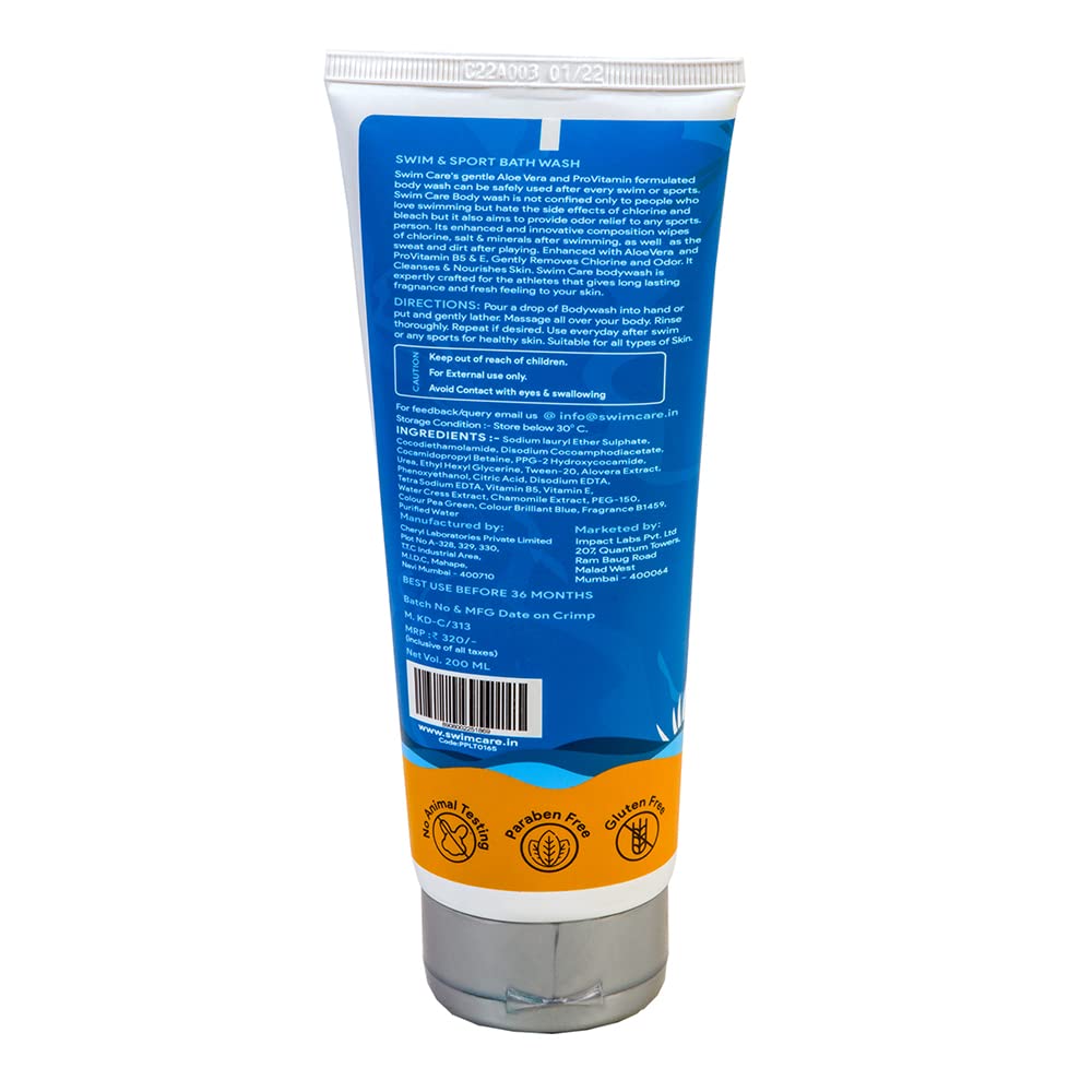 SWIMCARE Post Swimming Body Wash - Chlorine & Odour Neutralizer for Swimmers (Blue, 200ml) - Gentle Cleansing After Pool, Beach & Water Sports