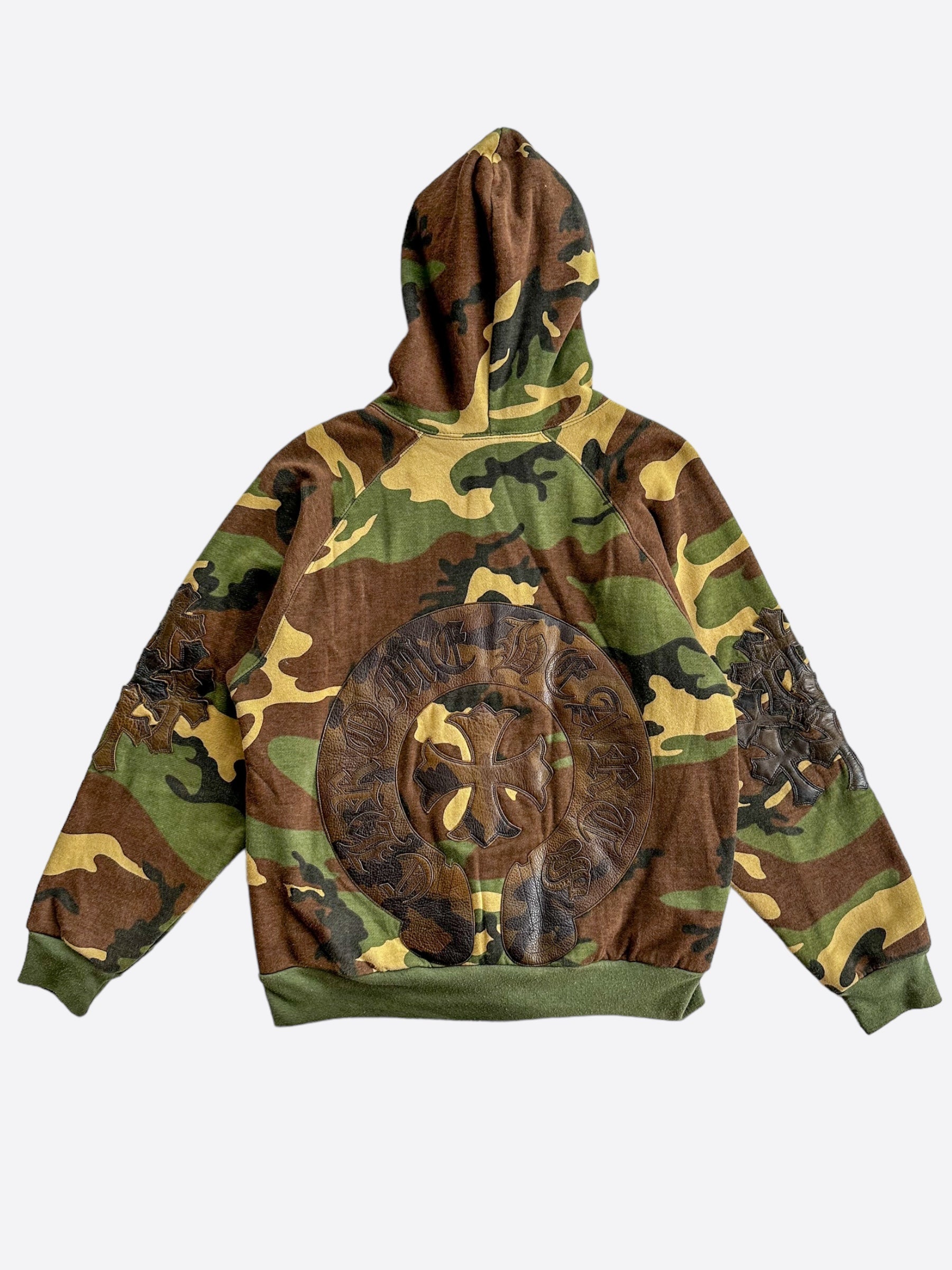 Chrome Hearts Green Camouflage Cross Patch Hoodie with Horseshoe Logo - Stylish Zip Up Sweatshirt for Streetwear & Urban Fashion