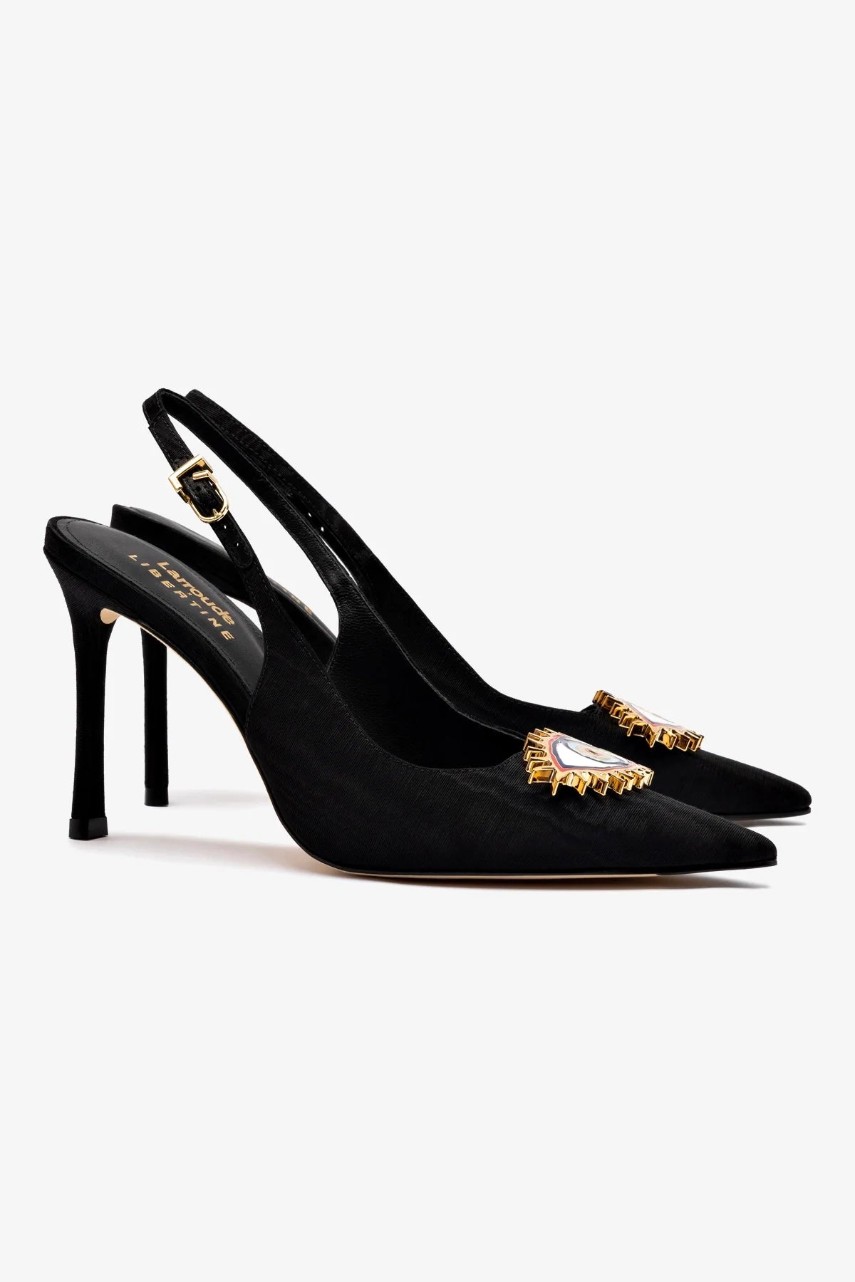 Larroudé x Libertine Black Fabric Eye Pump High Heels - Stylish Women's Dress Shoes for Parties, Weddings & Evening Events
