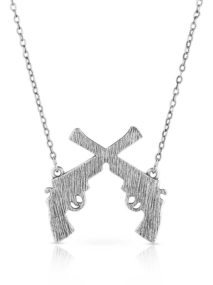 Montana Silversmiths NC5879 Women's Crossed Pistols Pendant Necklace in Sterling Silver - Perfect for Western Fashion, Cowgirl Style & Everyday Wear