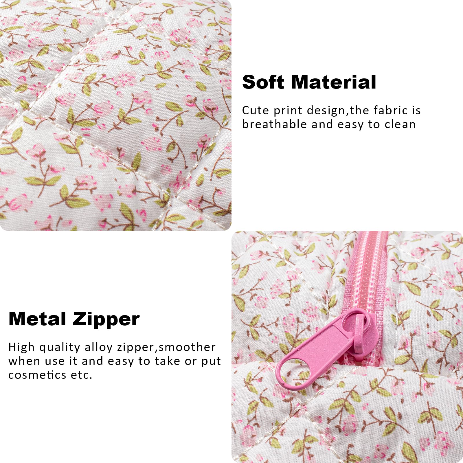 KOTORA Floral Quilted Makeup Bag - Puffy Coquette Cosmetic Pouch, Aesthetic Cute Pink Travel Toiletry Organizer for Women | Perfect for Brushes, Cosmetics & Travel Essentials (Pink)
