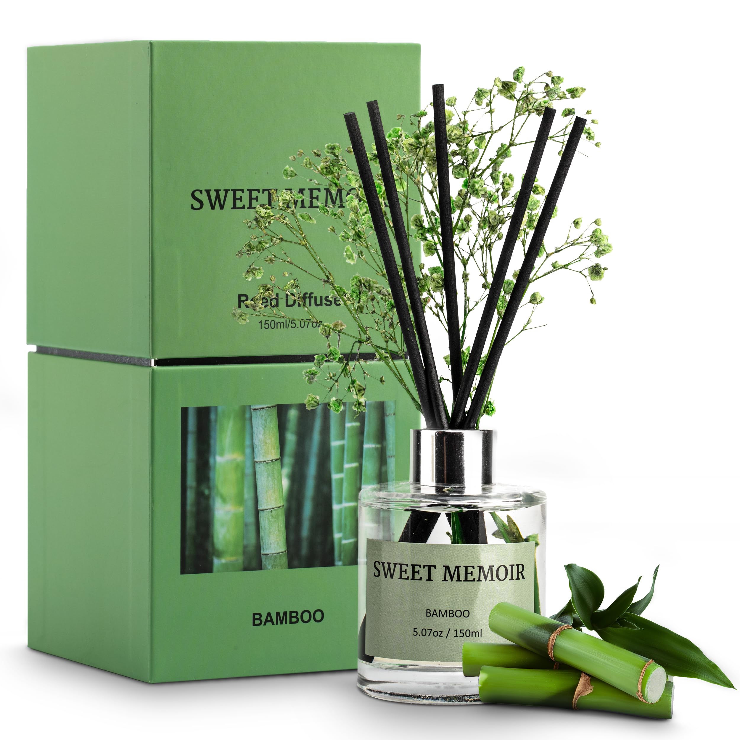 Premium Bamboo Essential Oil Reed Diffuser Set - 150mL Decorative Glass Bottle with Natural Fragrance Sticks & Dried Flowers | Aromatherapy Gift for Home, Office, Spa & Yoga Room | Relaxing Scent Diffuser for Bedroom, Bathroom & Living Space Décor
