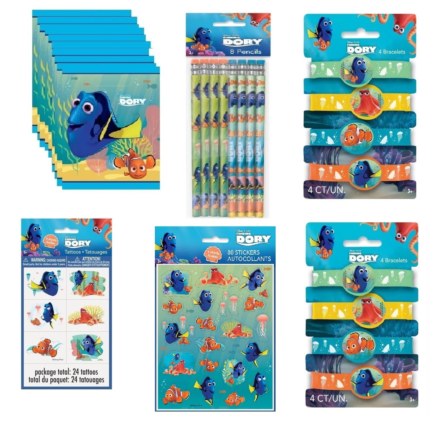 Finding Dory & Nemo Party Supplies Set - 20pc Favor Bundle with Loot Bags, Pencils, Bracelets & Temporary Tattoos | Perfect for Kids Birthday Parties, Ocean Theme Events & Disney Movie Celebrations