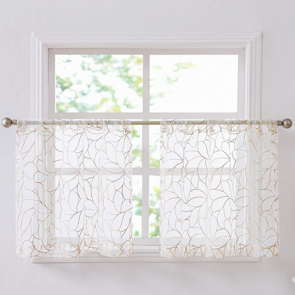30 x 36 Inch Short White Kitchen Curtains with Brown Linen Thread - Boho Cafe Style Pair for Windows, Perfect for RV, Basement & Bathroom Decor | Warm Home Designs
