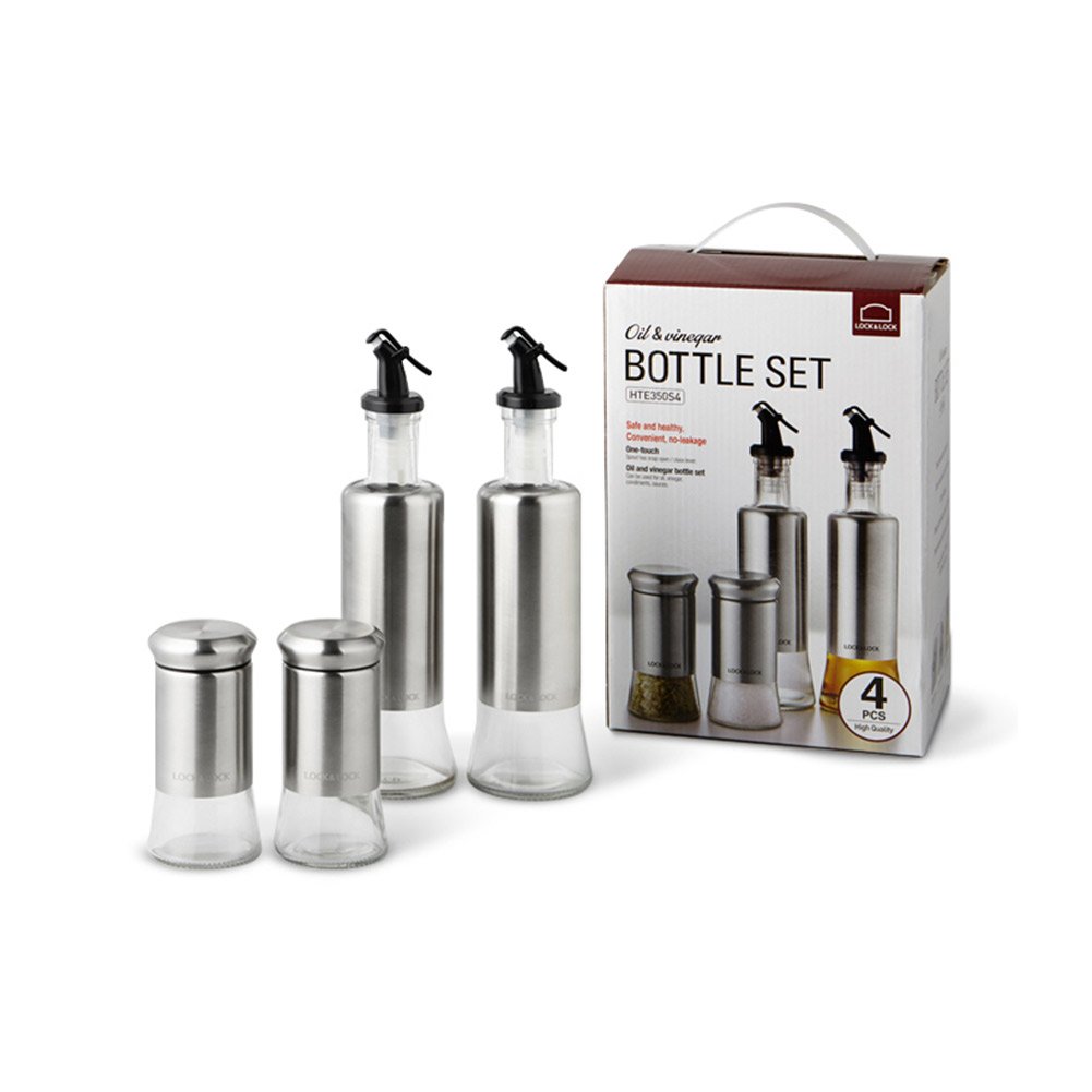 Lock & Lock Premium Glass Oil and Seasoning Dispenser Set - 4-Piece (2 Oil Bottles + 2 Seasoning Bottles) with Snap Lids & Pouring Spouts for Precise Control - Includes 2 Funnels - Perfect for Kitchen, Restaurant, and Home Cooking Use