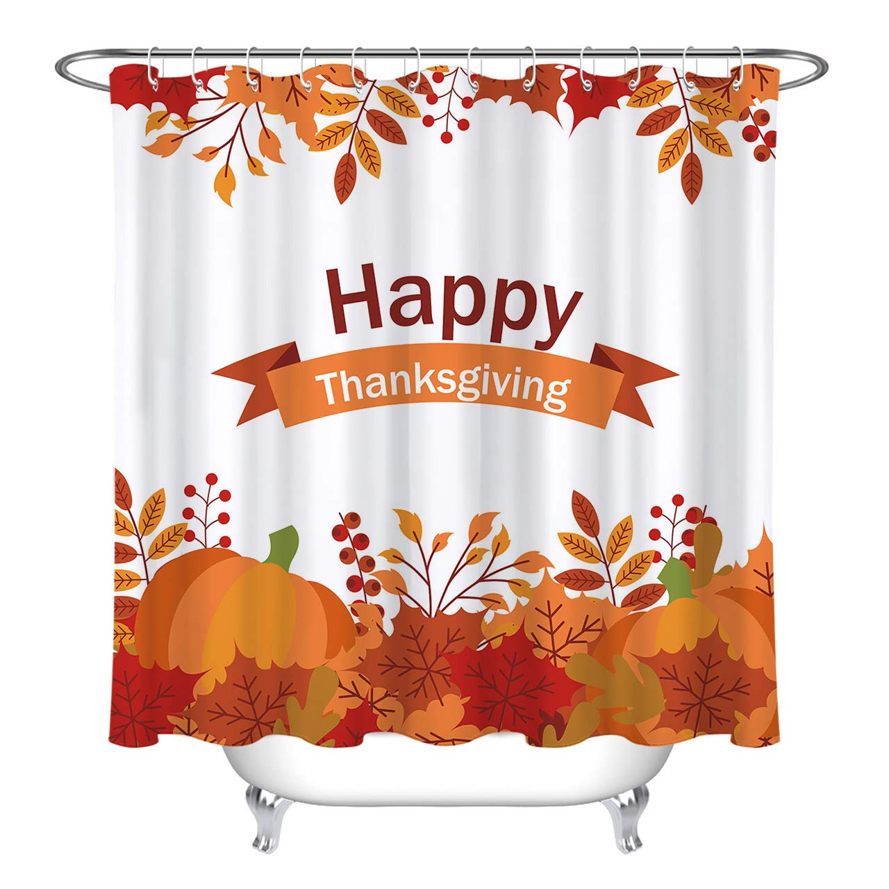 ETOB Happy Thanksgiving Shower Curtain - Autumn Leaves Fall Harvest Pumpkin Design - Waterproof Fabric Bathroom Curtain with 12 Hooks (60x72 Inch) - Perfect for Seasonal Bathroom Decor & Holiday Home Styling