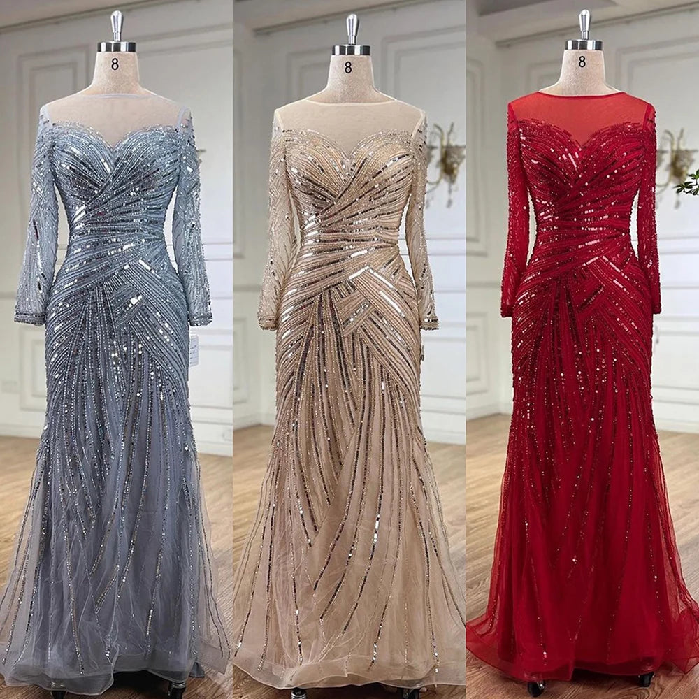 Luxury Gray Beaded Mermaid Evening Gown - Elegant Floor Length Muslim Party Dress for Women - Wedding, Prom, Gala & Special Occasions - Serene Hill Collection LA72295