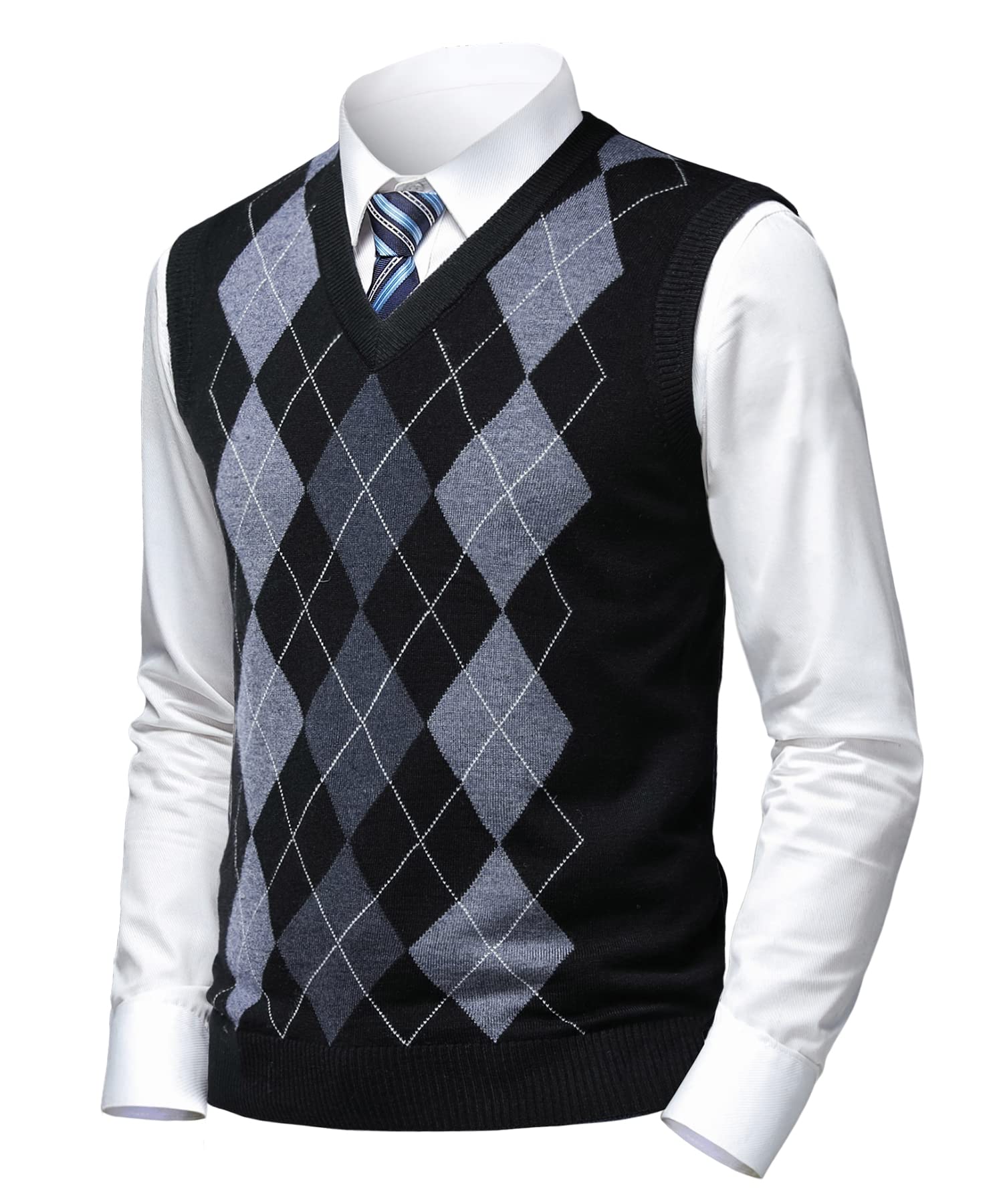 Men's Argyle Sweater Vest - Classic V-Neck Sleeveless Pullover Grey & Black Knitwear - Comfortable Tank Top for Dad & Husband - Perfect for Office, Wedding & Casual Outfits