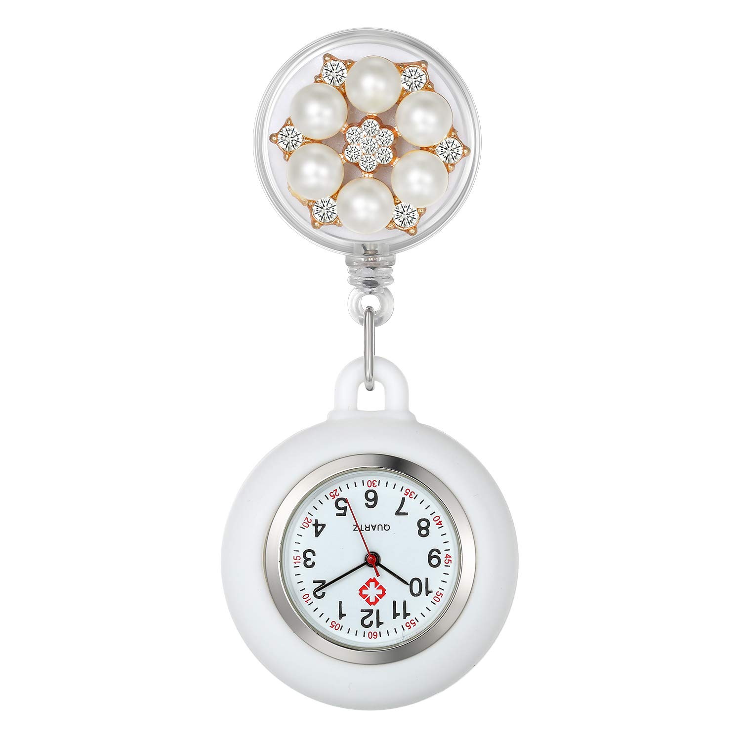 Nurse Watch for Women - Clip On Hanging Watch with Silicone Cover & Retractable Fob - Perfect for Nurses, Doctors & Paramedics - Stylish Pearl White Design - Ideal for Medical Shifts, Clinical Work & Healthcare Professionals