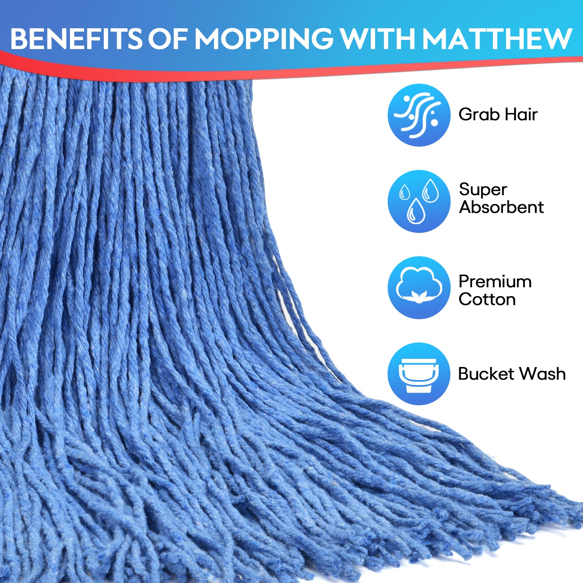 Heavy Duty Cotton Mop Heads 24oz 12-Pack - Universal Replacement for Home & Commercial Cleaning (Blue)