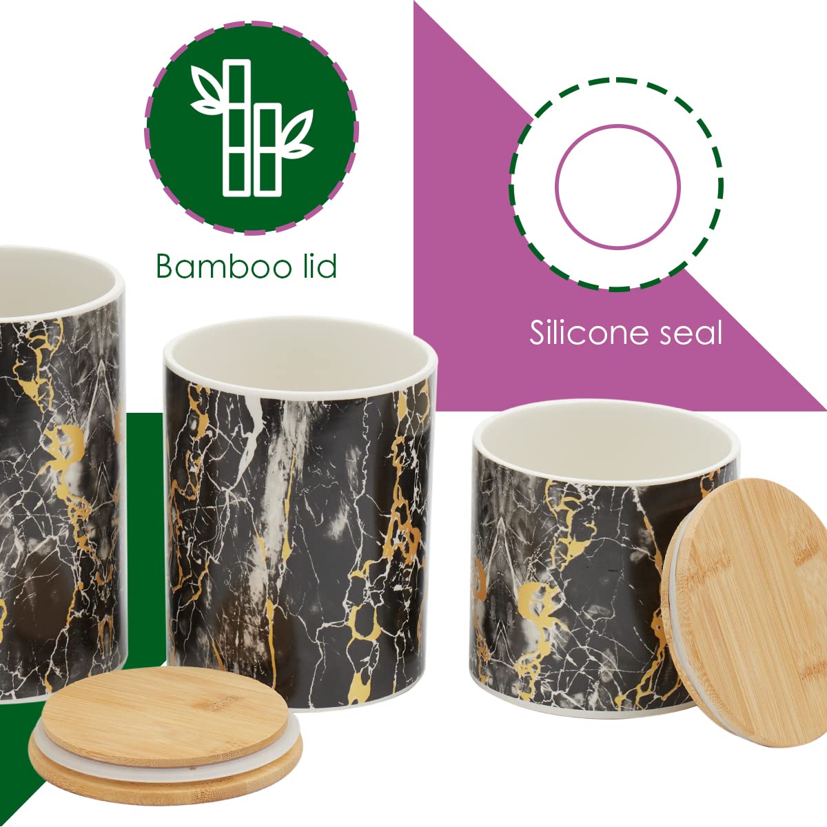 Premium Black Marble 3-Piece Kitchen Canister Set with Bamboo Lids - Airtight Food Storage Containers for Flour, Sugar, Coffee, Tea, Snacks & Baking Ingredients | Modern Pantry Organization for Countertop, Kitchen & Dining Room Decor