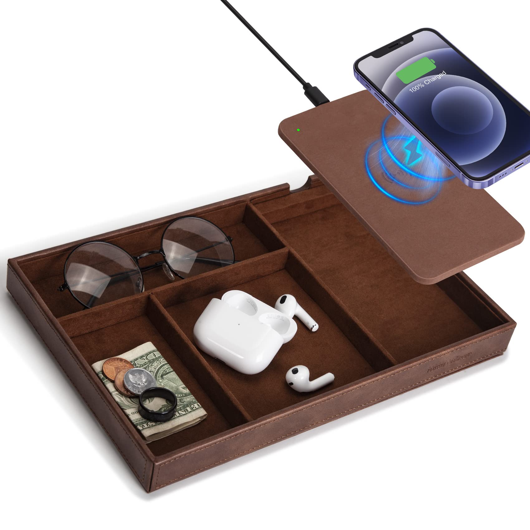 Wireless Charging Valet Tray - Genuine Faux Leather Nightstand Organizer for Men | Catch All Tray for Keys, Wallet, Watch, Coins & Phone | Perfect for Entryway, Bedside Table & Office Desk (Brown)