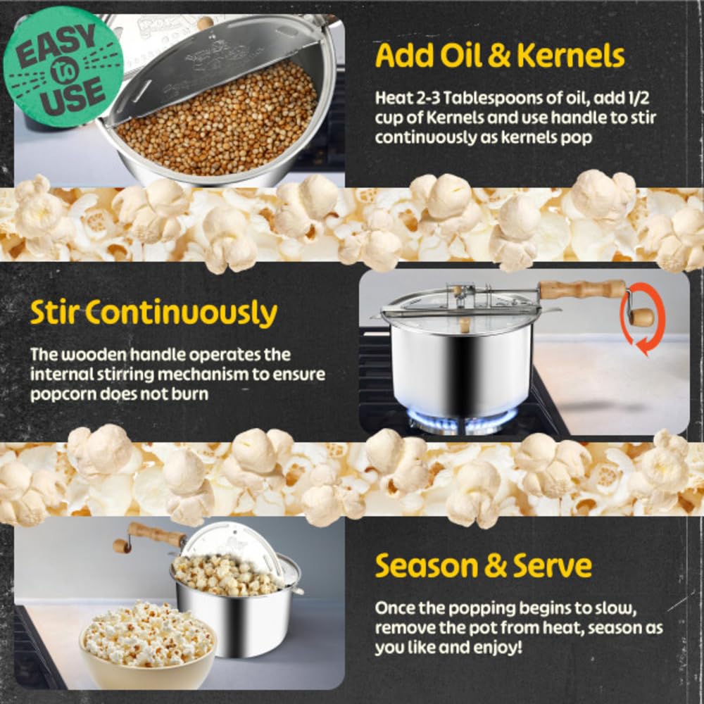 Great Northern Popcorn 6-Quart Stovetop Popcorn Maker - Aluminum Popcorn Popper with Hand Crank, Vented Lid & Stir Paddle for Movie Nights, Parties & Snack Time (Silver)