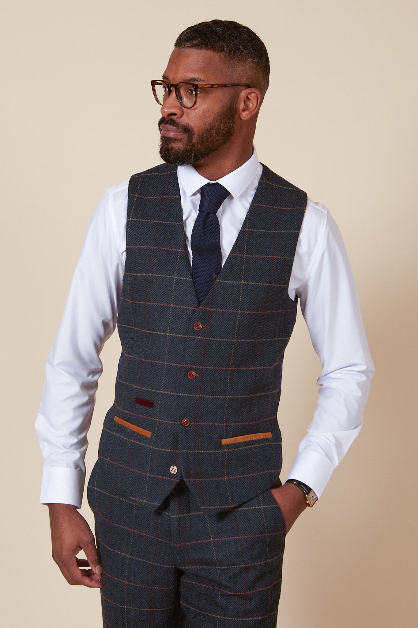 ETON Navy Blue Tweed Check Three Piece Suit for Men - Classic Formal Business Attire | Perfect for Weddings, Office Meetings & Special Occasions