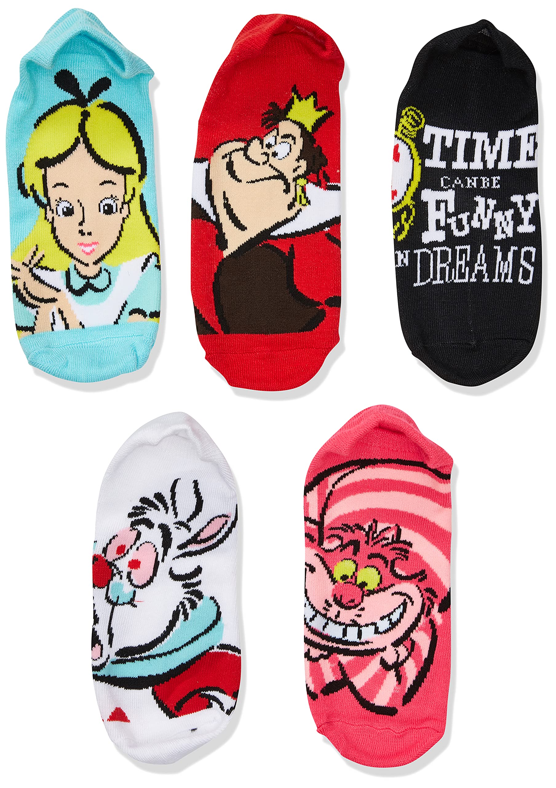Disney Alice in Wonderland No Show Socks 5-Pack for Women - Comfortable Invisible Socks for Sneakers, Loafers & Casual Shoes
