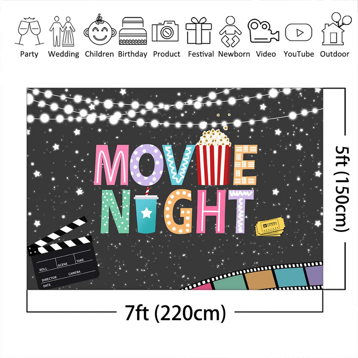 Premium Hollywood Movie Night Backdrop - Cinema Party Decor for Birthday, Awards & Photoshoot (Popcorn Theme) | Perfect for Movie Themed Parties, Home Theater Decorations & Photography Backgrounds