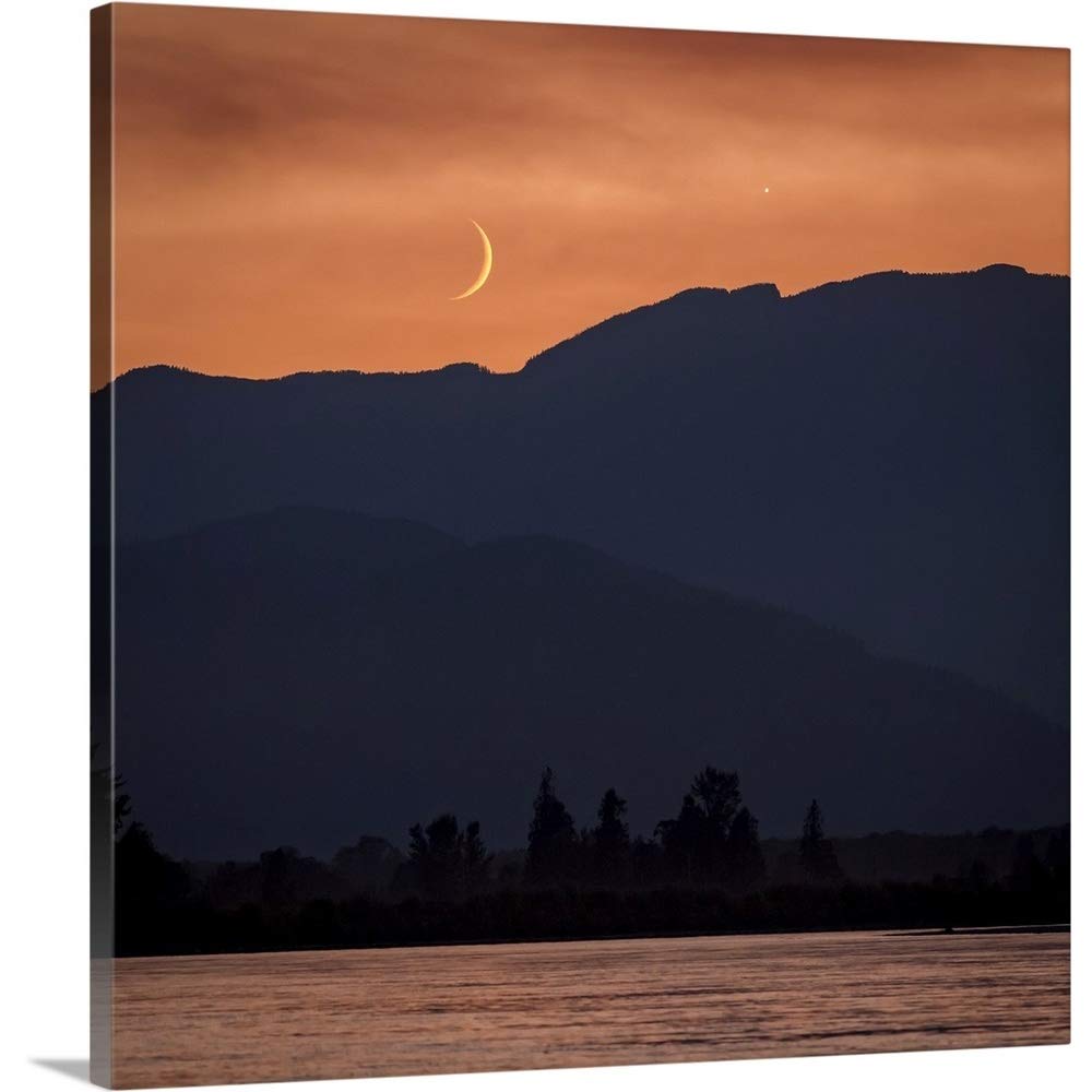 The Moon and Venus in an Orange Sky - Fraser Valley Vancouver Canada Canvas Wall Art Print by Aaron Von Hagen | 30x30 Inch Home Decor & Planets Artwork | Perfect for Living Room, Bedroom or Office Decor