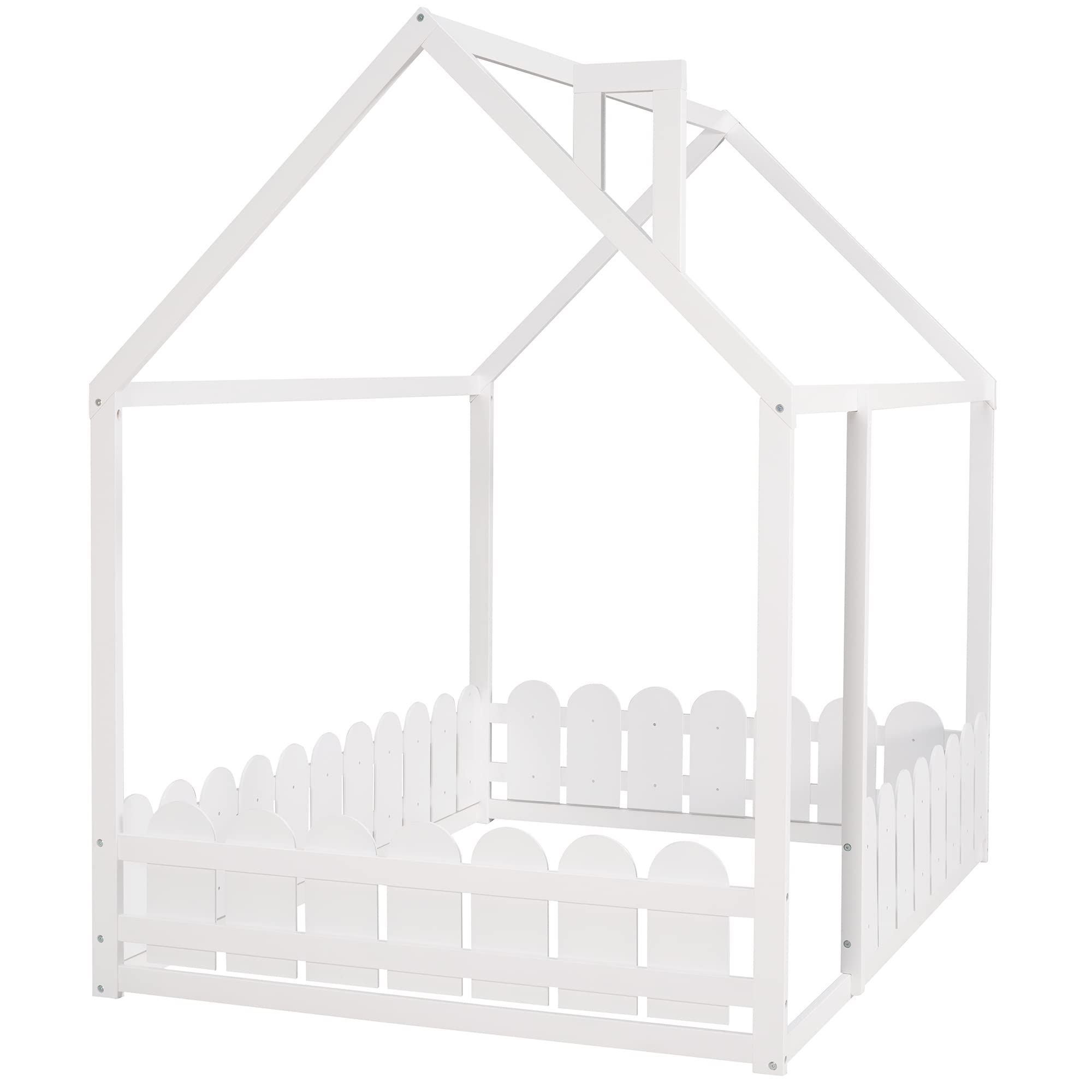 Harper & Bright Designs Full Size House Bed for Kids & Teens - Pine Wood Roof, Fence-Shaped Guardrails, Cabin Style Floor Bed (White) - Perfect for Bedrooms, Playrooms & Montessori Spaces