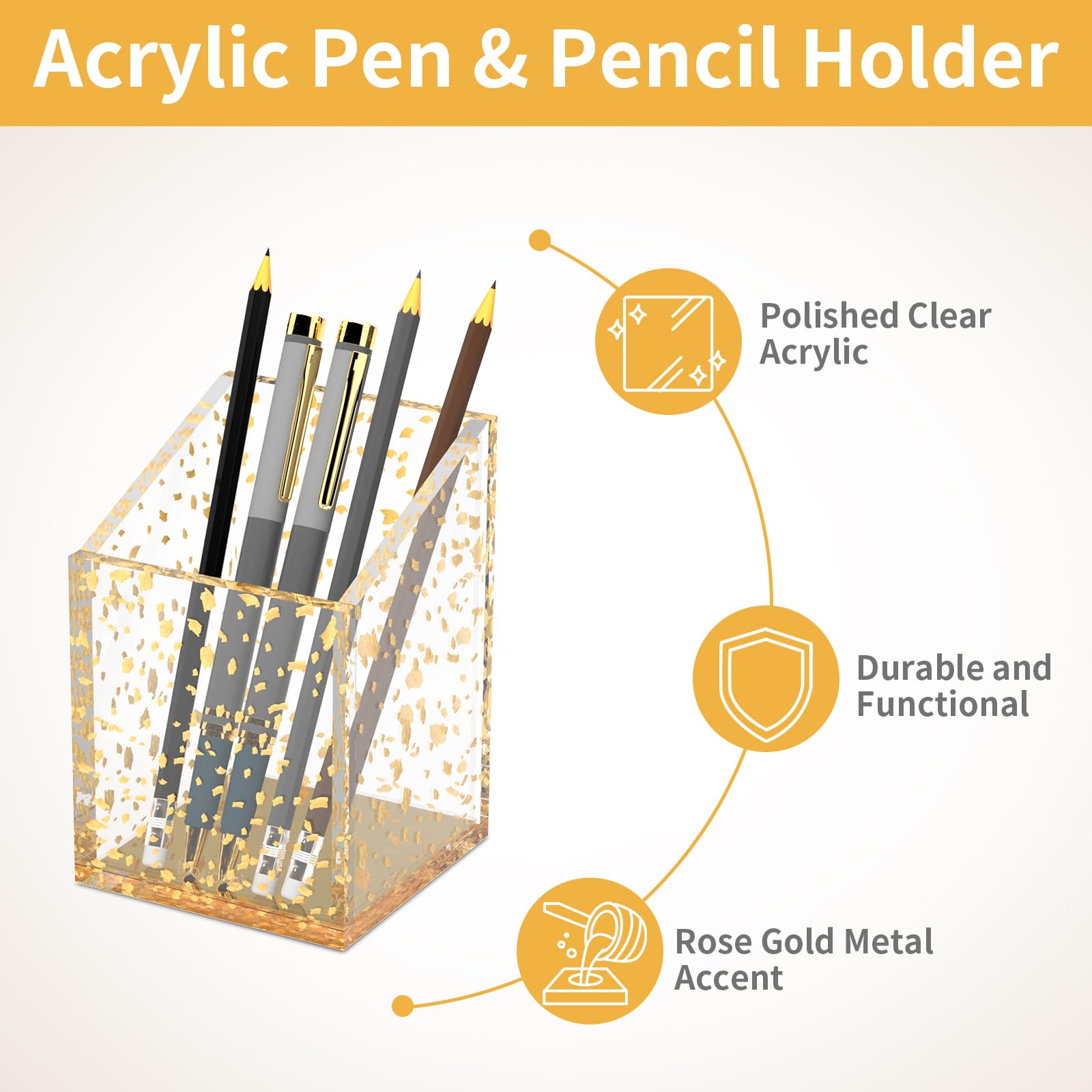 Modern Acrylic Pen Holder with Gold Base - 1 Compartment Multifunctional Desk Organizer for Pencils, Makeup Brushes & Markers | Perfect for Office, Classroom & Home Workspace Organization