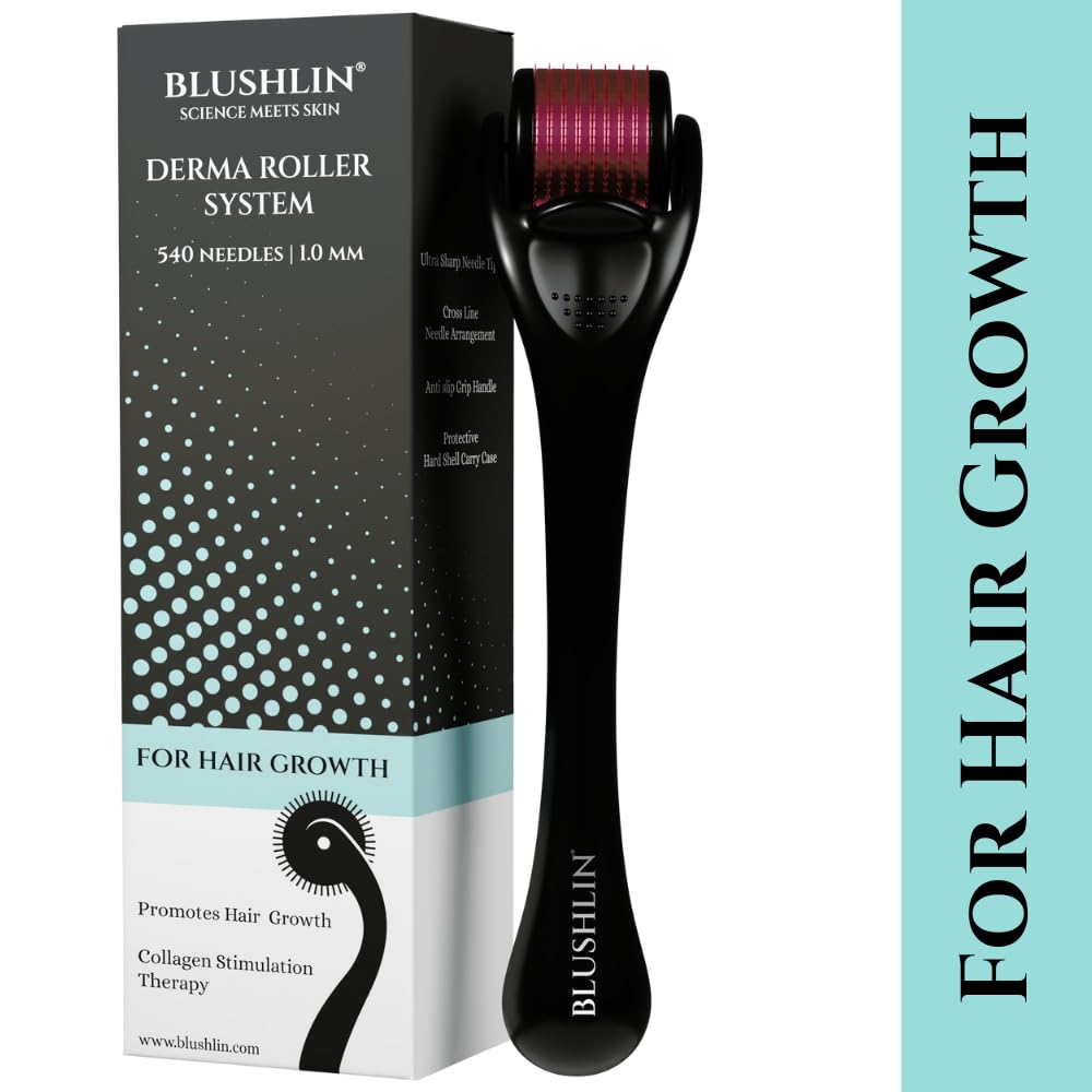 Blushlin Derma Roller 1.0mm for Hair Growth - 540 Titanium Micro Needles | Reduce Hair Loss & Stimulate Follicles | Safe & Effective Hair Regrowth Treatment | Perfect for At-Home Scalp Care & Thinning Hair Solutions