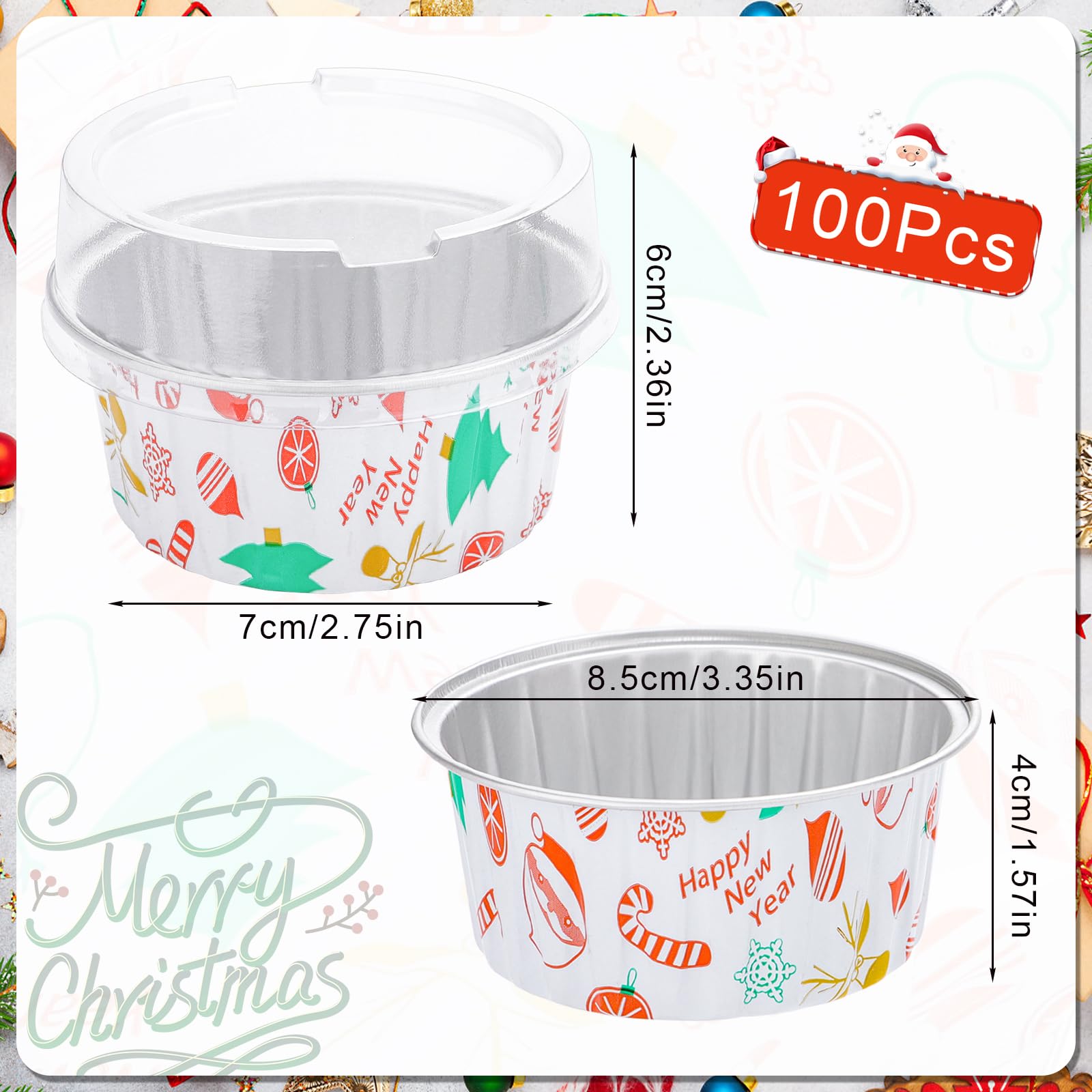100-Pack Christmas Foil Cupcake Liners - 5oz Aluminum Baking Cups with Lids for Holiday, Birthday & Party Baking - Stackable, Portable Muffin Tins for Christmas Gifts, Home Baking & Dessert Displays