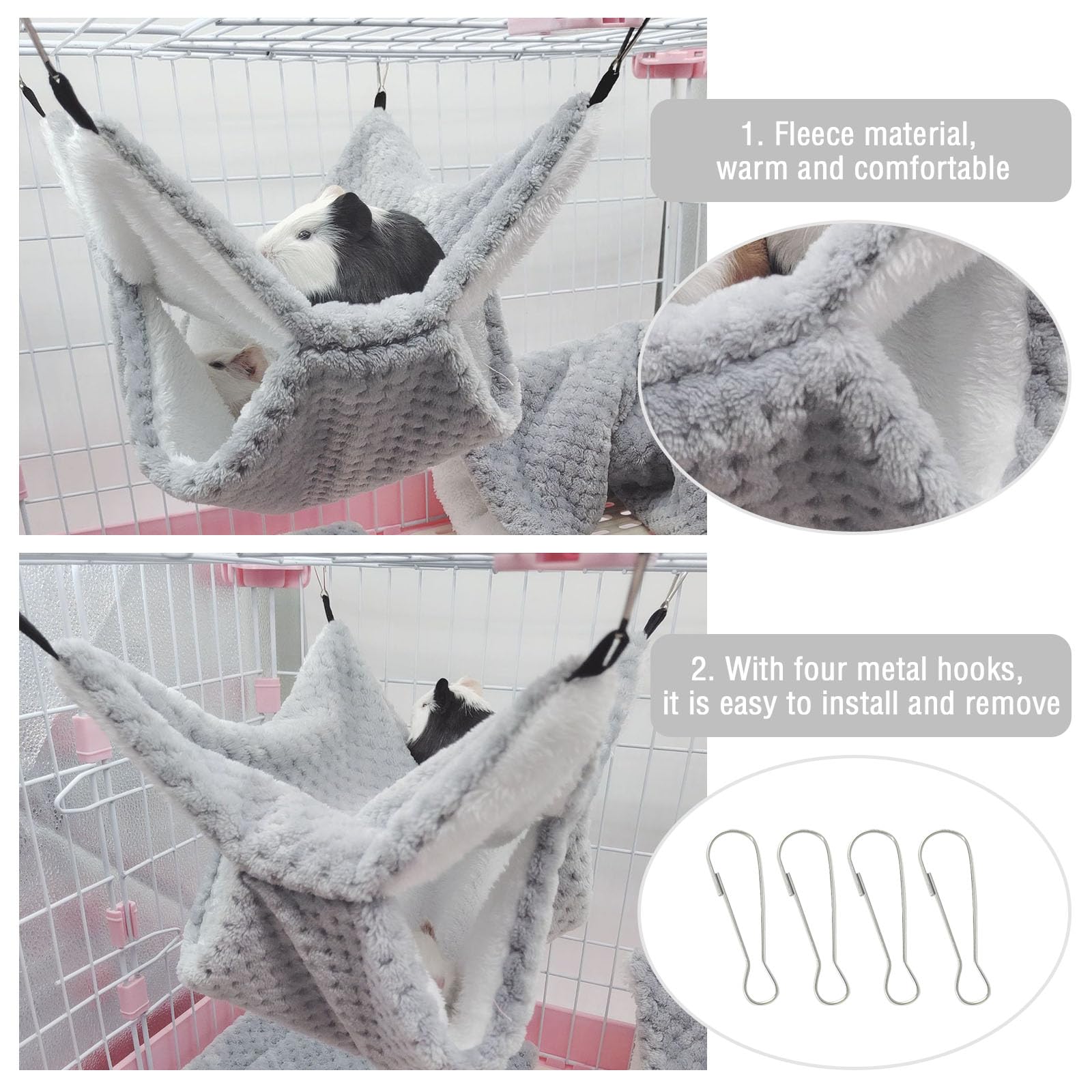 Double-Layer Fleece Rat Hammock - Soft Guinea Pig & Ferret Hammock House for Cage Accessories | Warm Small Animal Hanging Bed for Hamsters, Rats & Ferrets | Perfect for Playing, Sleeping & Hideout (Grey)