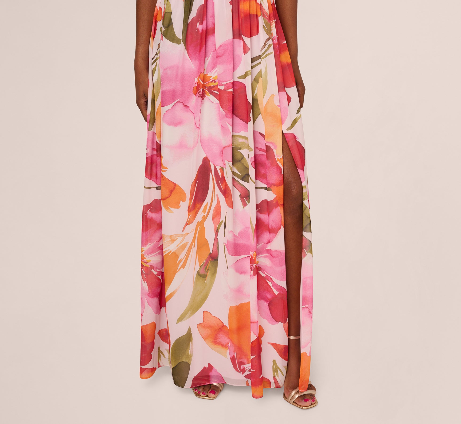 Elegant Sleeveless Surplice Floral Chiffon Gown - Pink & Orange Multi-Color Summer Dress for Beach Wedding, Cocktail Party & Vacation
