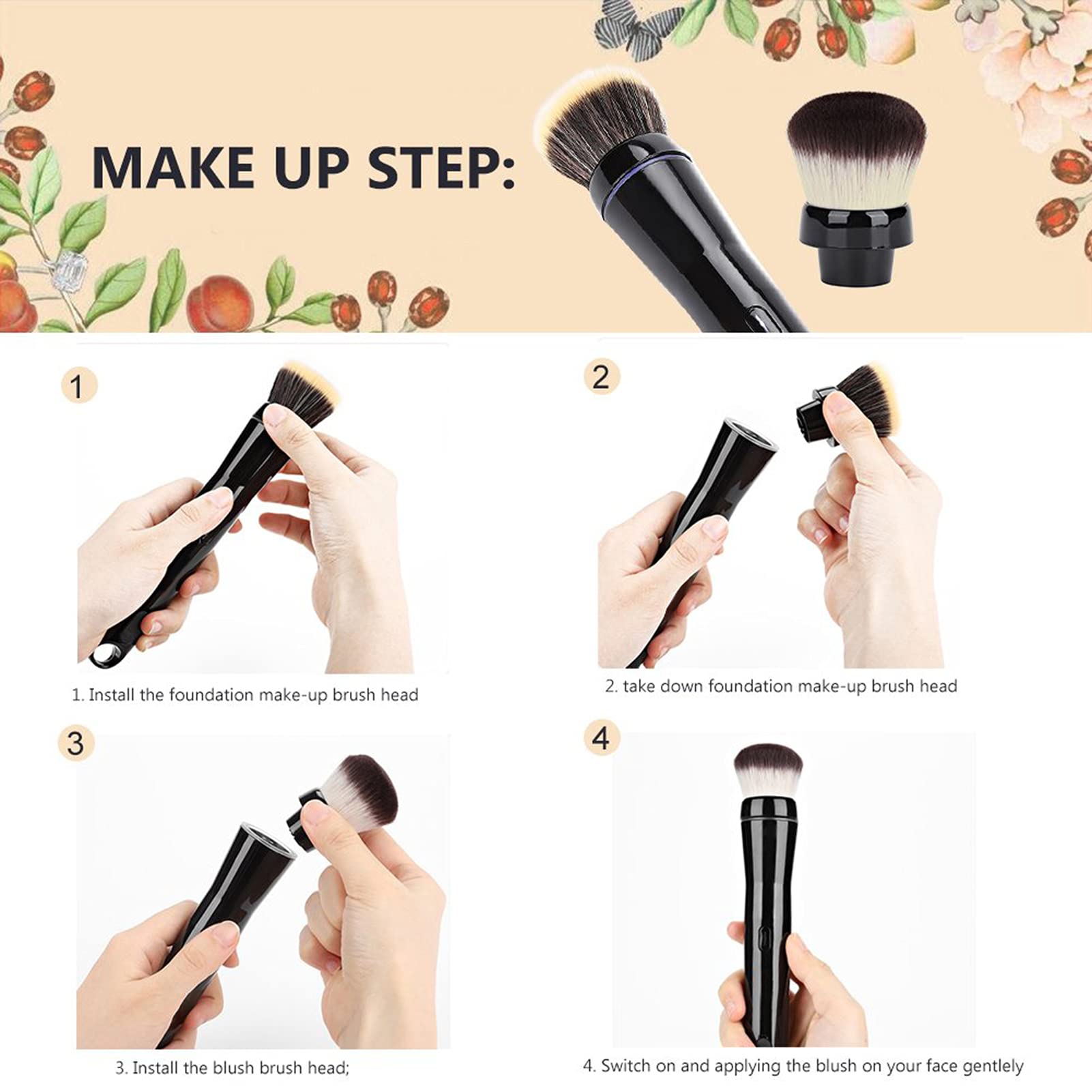 Electric Makeup Brush - Automatic Rotating Foundation & Blusher Brush with 2 Replaceable Heads, Rechargeable Vibrating Makeup Applicator for Flawless Blending | Perfect for Daily Makeup & Professional Use