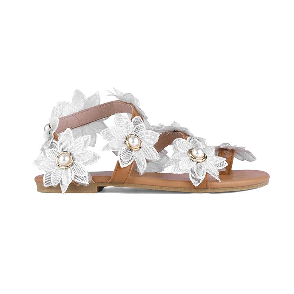 HINDOLA Women's Bohemian Rhinestone Pearl Flat Sandals - Stylish Thong Gladiator Open-Toe Dress Shoes for Summer, Beach, and Casual Outings