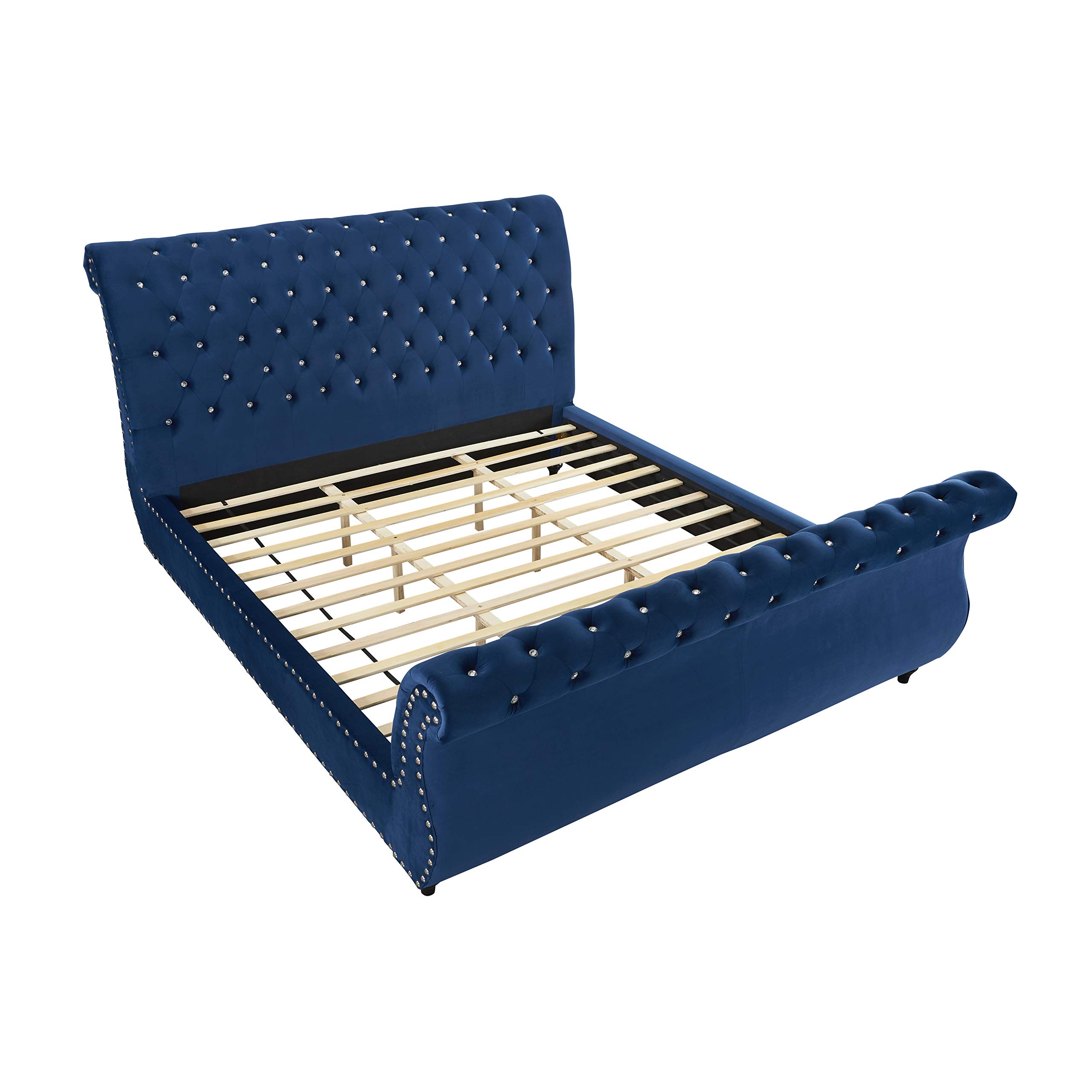 Roundhill Furniture Evora Velvet Upholstered Button Tufted Queen Size Bed - Luxurious Blue Velvet Upholstery for Elegant Bedroom Decor | Perfect for Master Bedrooms, Guest Rooms & Luxury Apartments