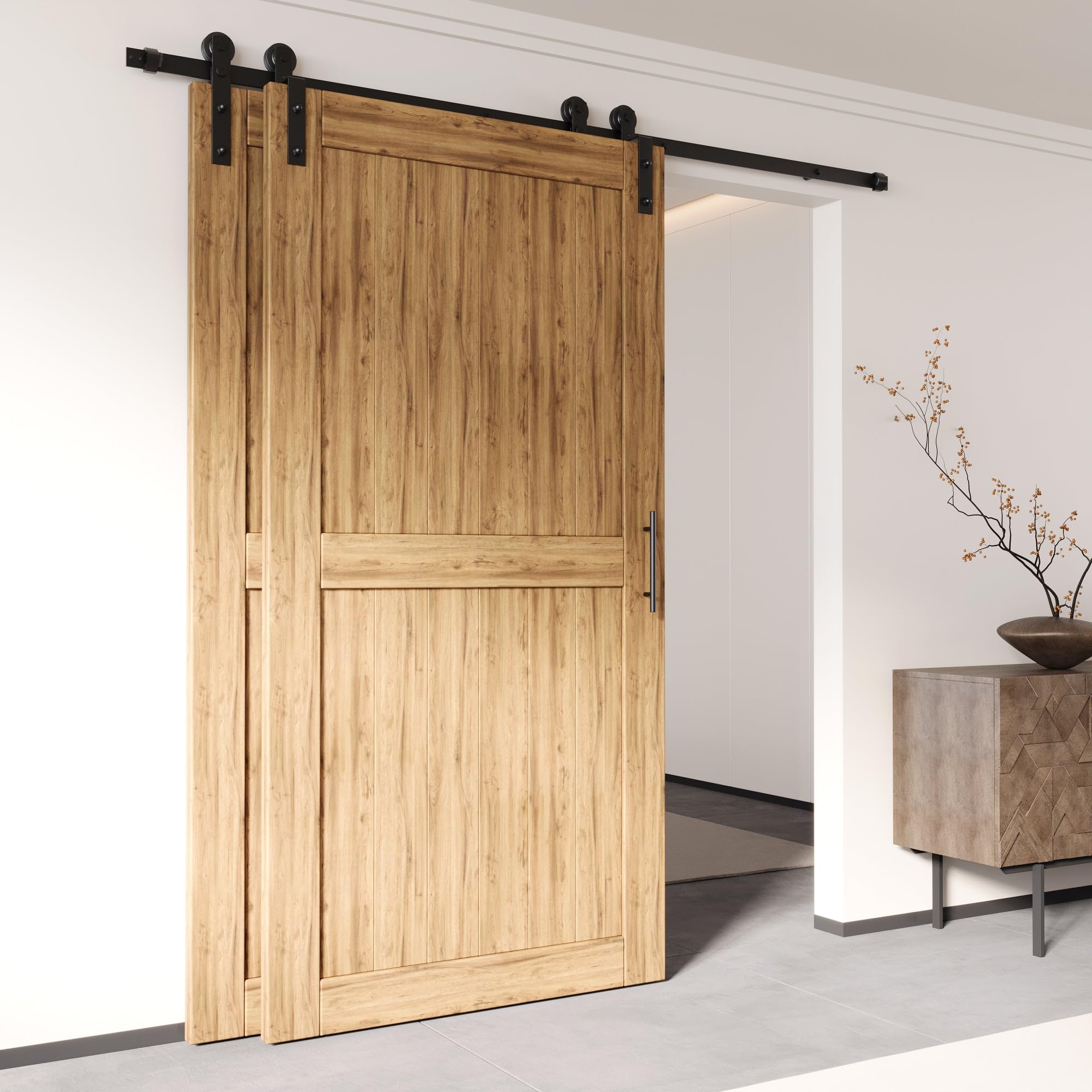 Homacer Black Rustic Single Track Bypass Sliding Barn Door Hardware Kit - 9ft Flat Track for Double Doors | Straight Design Roller | Perfect for Farmhouse, Loft & Industrial Style Homes