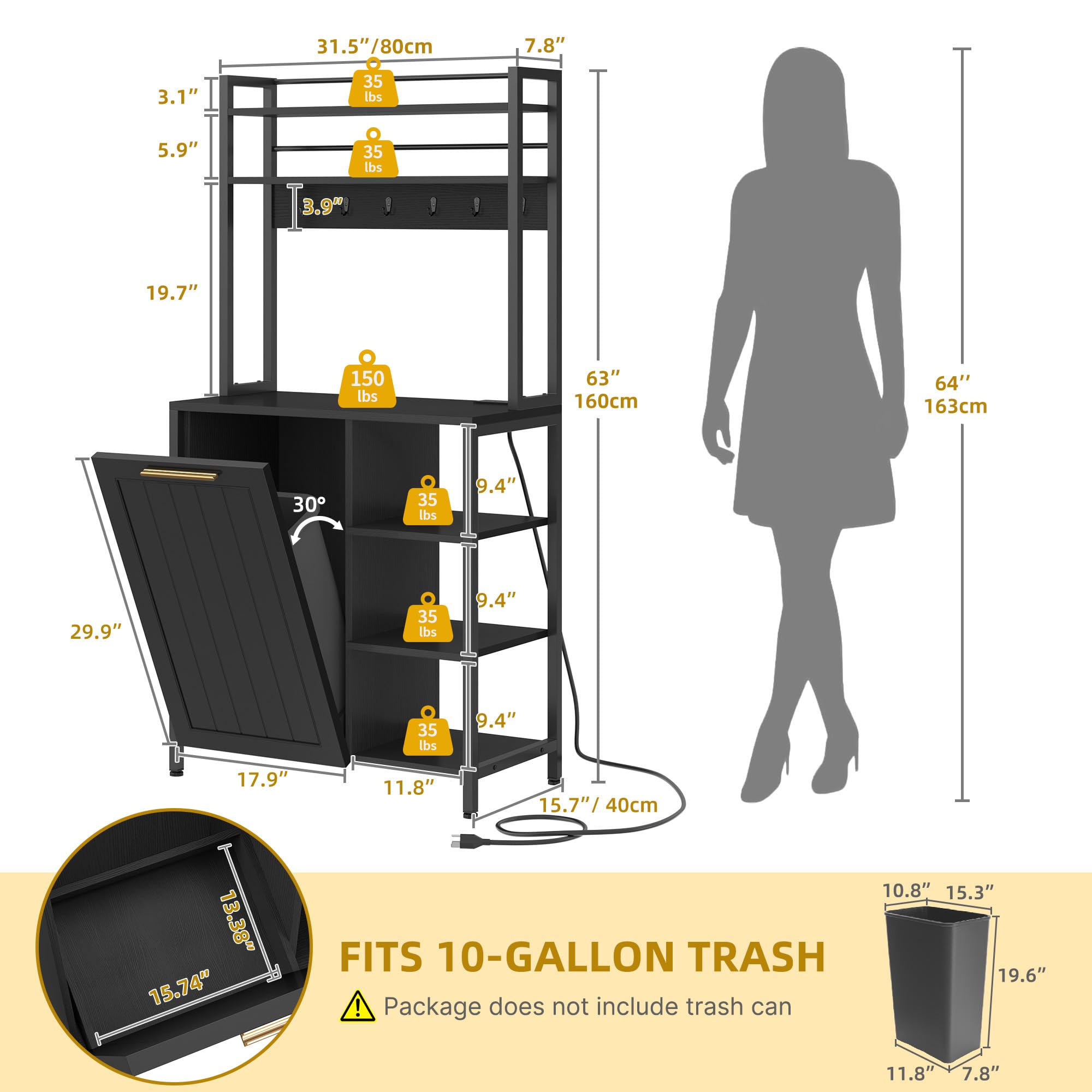 YITAHOME 6-Tier Bakers Rack with Storage, Microwave Stand with Trash Bin Cabinet & Power Outlet - Large Coffee Station for Kitchen, Dining Room & Living Room - Perfect for Small Spaces & Home Organization (Black)