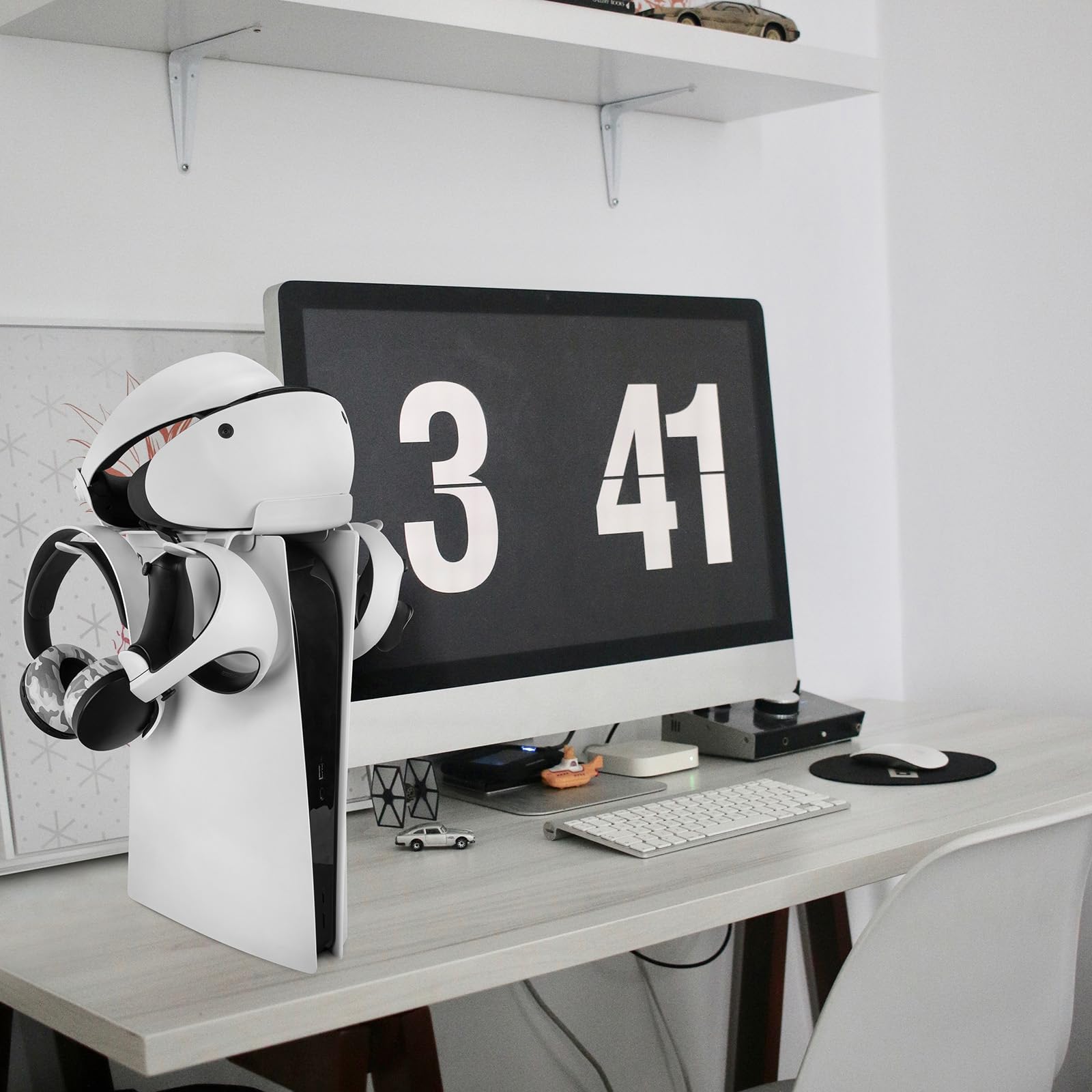Geekria VR Storage Stand for PSVR2 & PS5 - VR Headset & Controller Holder with 2-in-1 Charging Cable - White | Multi-Functional Gaming Accessory for Organized Playstation Setup & Safe VR Equipment Storage