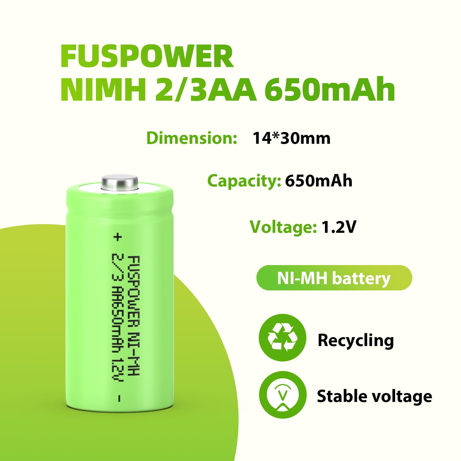 2/3AA NiMH Rechargeable Batteries 1.2V 650mAh Button Top - 4 Pack for Solar Garden Lights, Pathway Lighting, Outdoor Decor (Not AA/AAA) - Perfect for Eco-Friendly Landscape Illumination