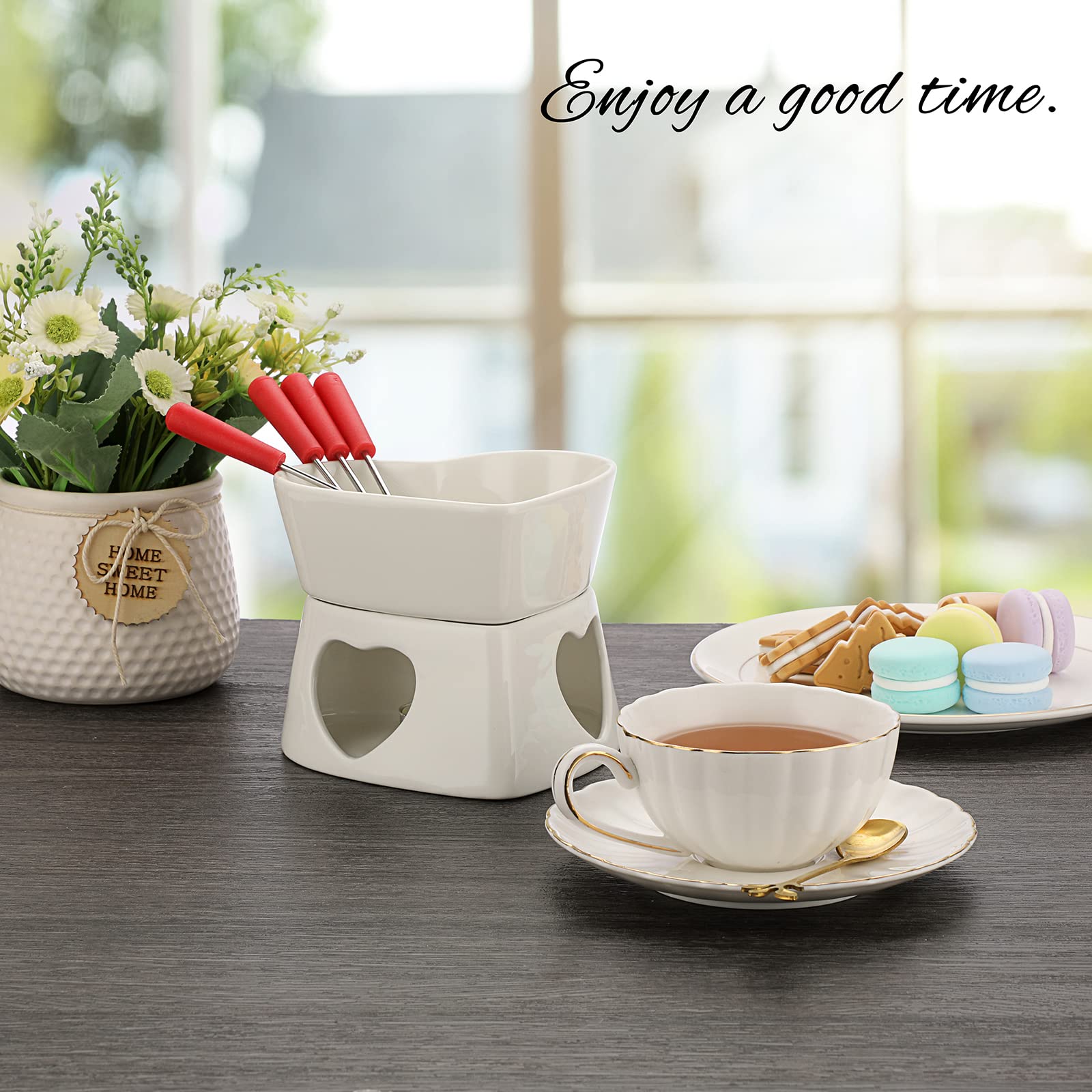 White Ceramic Butter Warmer Set - Heart Shaped Fondue Pot for Melting Cheese, Chocolate & Caramel - Includes 4 Forks - Perfect for Romantic Dinners, Parties & Family Gatherings