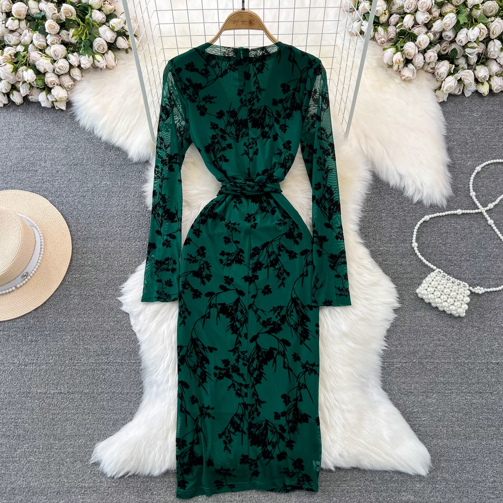 Elegant Long Sleeve V-Neck Tie Waist A-Line Mesh Printed Dress for Women - Perfect for Cocktail Parties, Date Nights & Formal Occasions