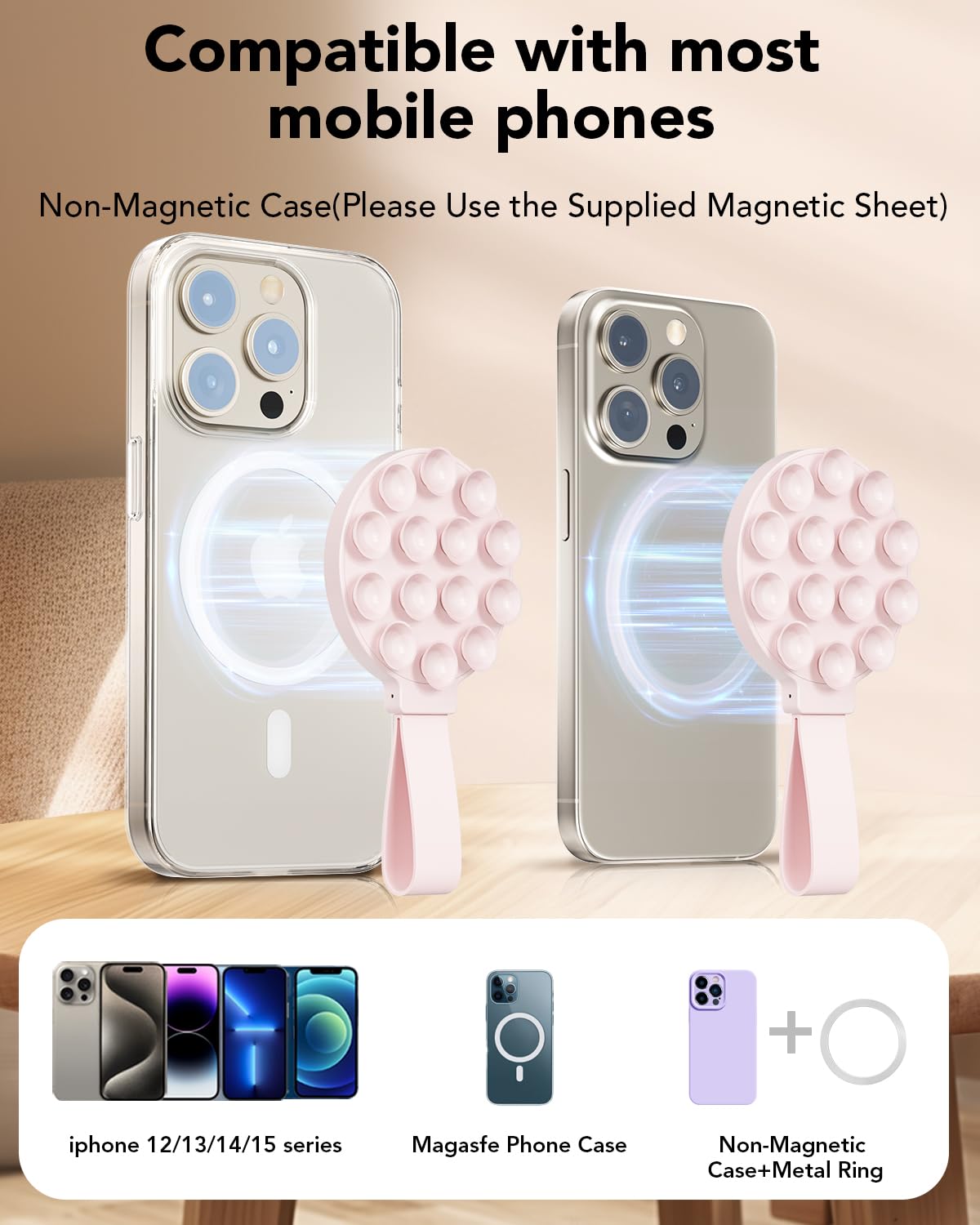 Magnetic Silicone Suction Cup Phone Mount with Built-in Mirror - MagSafe Compatible Sticky Phone Grip Holder for iPhone 14/13/12/Pro/Max - Hands-Free Makeup, Shower & TikTok Selfie Video Accessory - Perfect for Car, Bathroom & Vlogging