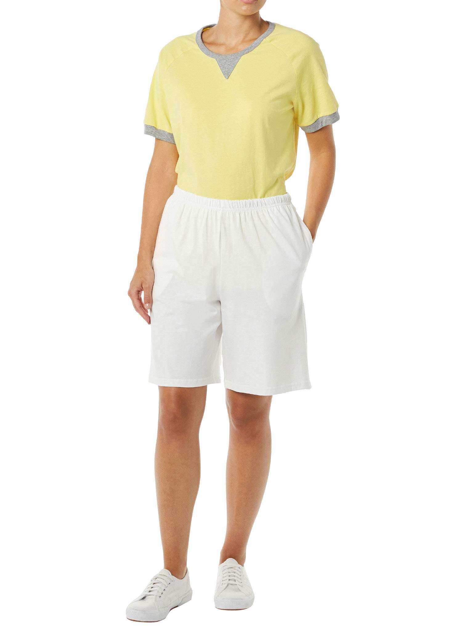 AmeriMark Women's Cotton Bermuda Shorts - Elastic Waist Athletic Shorts with Pockets - Comfortable Pull-On Golf Shorts for Women - Perfect for Golf, Tennis, Yoga & Casual Wear